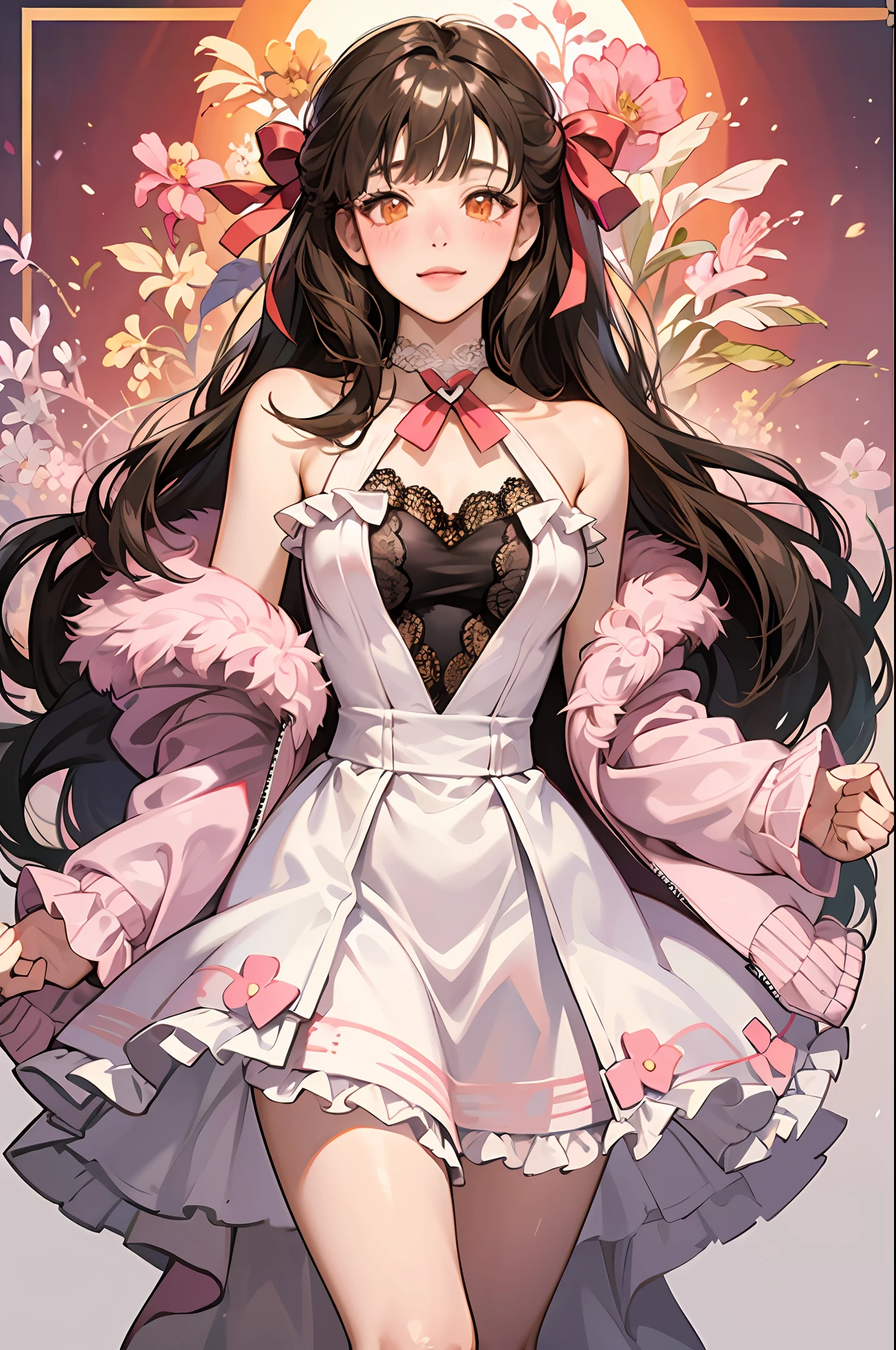 woman, skirt, long hair, medium shot, orange eyes, blunt bangs, white dress, pink jacket, bare shoulders, frilled choker with heart, hair ribbon, lace trim, happy, blush, heart shape, hair over one eyes, seductive