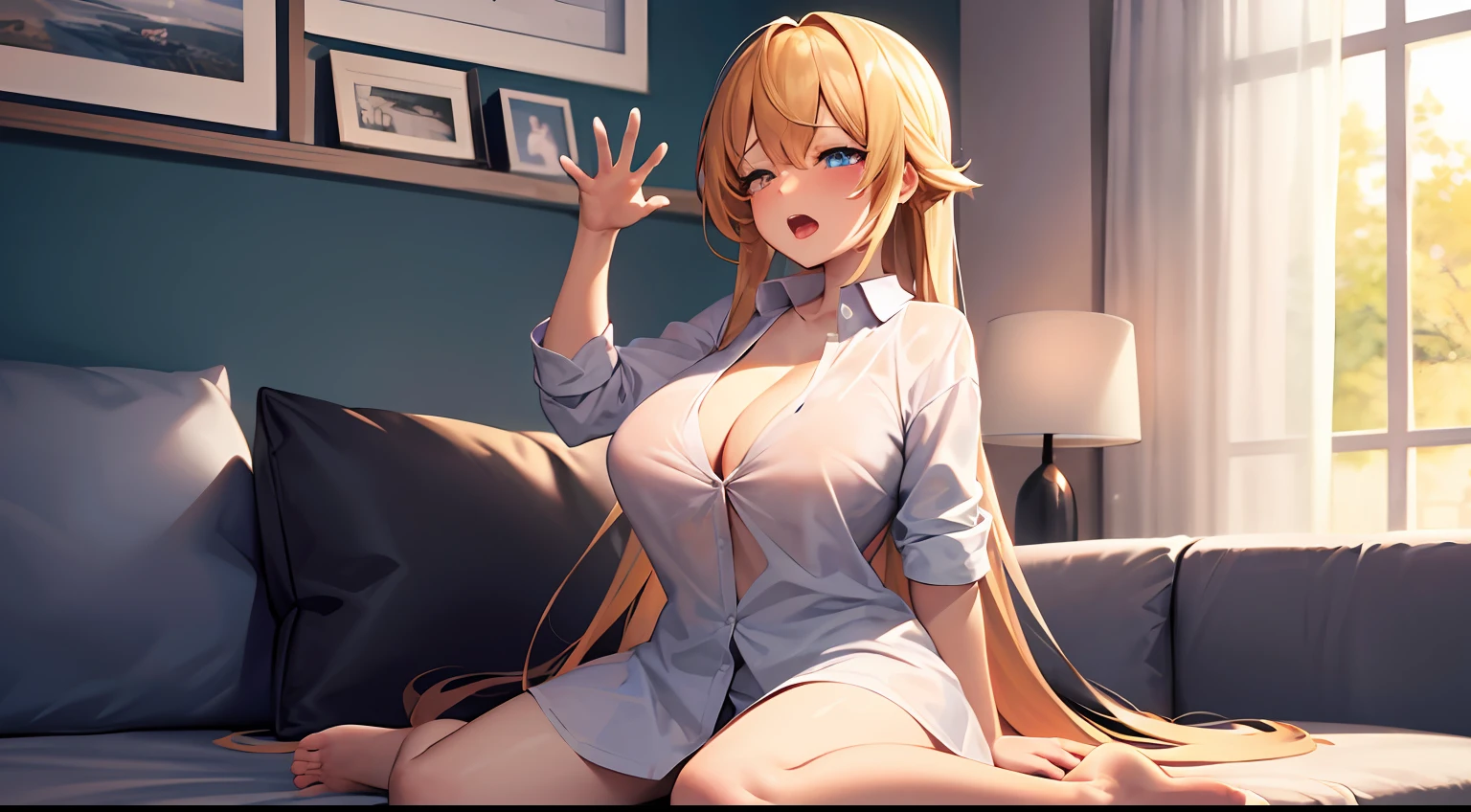 4k, High definition, ray tracing, living room, sofa, 1 girl, elementary school girl, golden extra long hair, blue eyes, loli, huge breasts, cleavage, nipple shape, drowsiness, rubbing eyes, yawning, Saliva, Half closed eyes, Open mouth, Wariza/W-sitting, open oversized men's shirt, naked lower body, Bare legs, Barefoot, petite body