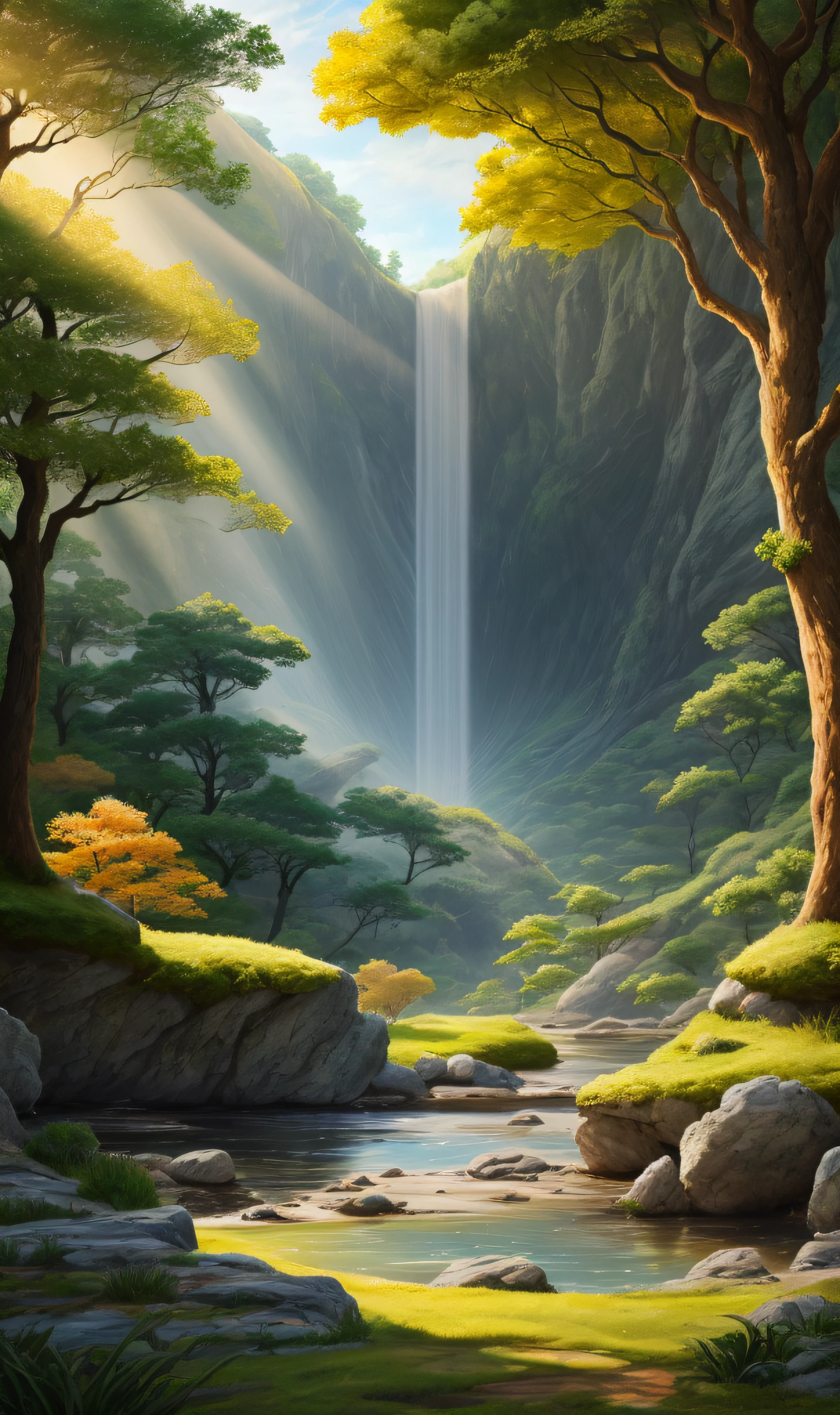 epic landscape, Architectural section, animation concept art, Breath of the wild Traditional Chinese Ink painting, studio ghibli style, cascading plateaus with japanes maple trees inside a crevice, lush vegetation and fern, sun rays; 1.5 miyazaki; 1.5 Mateusz Urbanowicz; 1.5 nausicaa, Shinkai Makoto, landscape, beautiful, gorgeous, dramatic lighting, rule of thirds, perfect composition, 8K, octane render, golden ratio, cinematic, trending on ArtStation