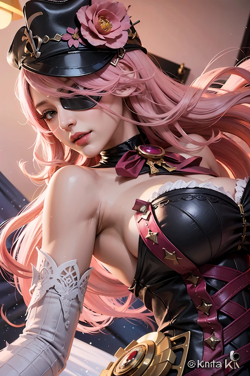 Irelia from League of Legends, KDA Irelia ((Realistic light, Best quality, 8k, Masterpiece :1.3)), Selfie, 1girl, Pretty woman with perfect figure :1.4, abs :1.1, (Pink hair, Huge breasts :1.5), arabic dress :1.2, Bed, Ultra-detailed face, Detailed eyes, Double eyelid, perfect hands perfect fingers perfect breasts perfect hair perfect face perfect body, pirate eye patch on left, flower on hat.