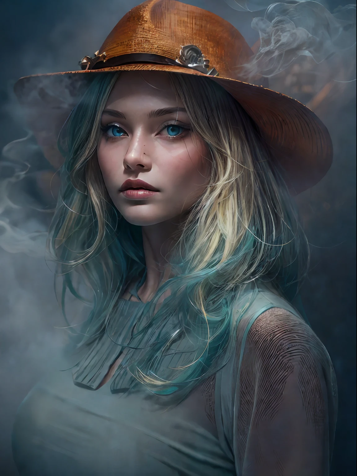 HighestQuali，tmasterpiece：1.2，Detailed details，Portrait by Jammeh Sauddyk, Canon 5D, Magazines, editorial, Full archival shooting, Photo realism, Young blonde woman all over，with fair skin，caucasian female，Supermodel,  Accurate, Green smoke from hair, Blue smoke background, Soft red and blue light, The whole body walks in the fog from head to toe, Super detailed, Photography