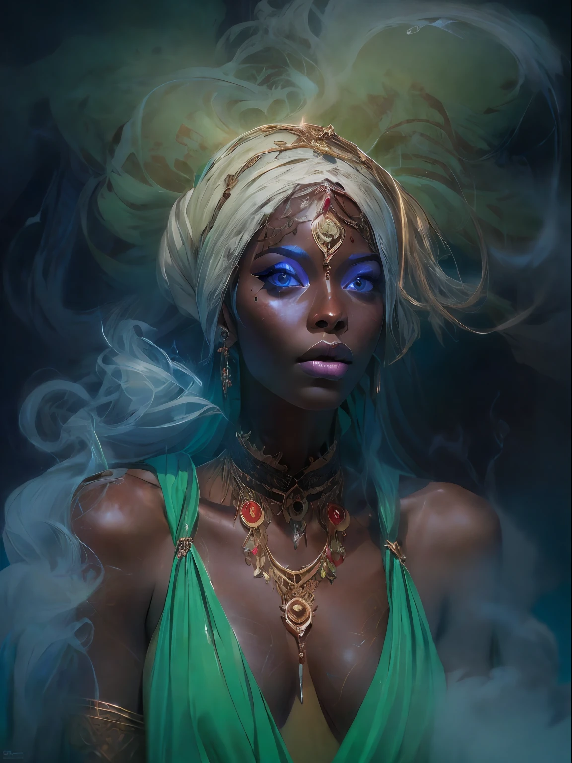 HighestQuali，tmasterpiece：1.2，Detailed details，Portrait of Jammeh Saudik, Canon 5D, Magazines, editorial, Full archival shooting, Photo realism, Young blonde women are all over the place，with fair skin，caucasian female，Supermodel,  Accurate, Green smoke from hair, Blue smoke background, Soft red and blue light, The whole body walks in the fog from head to toe, Super detailed, Photography