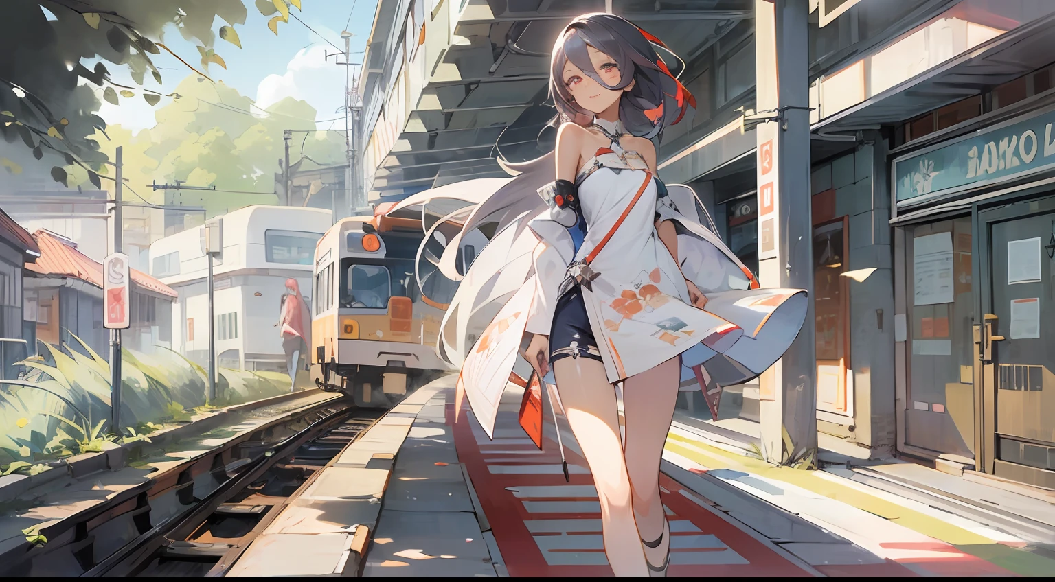 Collaboration between digital art and ink painting, Beautie,Smiling with colored contacts in her eyes, Full body,Walking with a thigh, longshot , The background is the inside of the station in summer