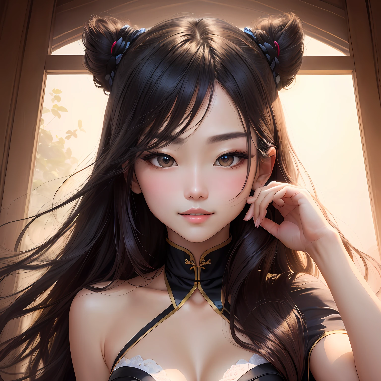 The hair is layered like a dark cloud，Bai Li's flushed face and cheeks，Naturally beautiful，The body is slender and soft，Shy，Vermilion lips，The corners of the eyes are upturned and narrow，The inner corner of the eye is slightly hooked，Upturned outer corner of the eye，Slender and spirited。 The eyes are clear and bright，Seductive men。