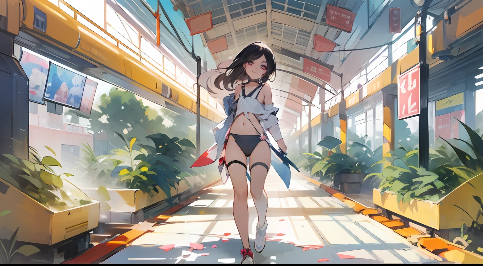 Collaboration between digital art and ink painting, Beautie,Smiling with colored contacts in her eyes, Full body,Walking with a thigh, longshot , The background is the inside of the station in summer