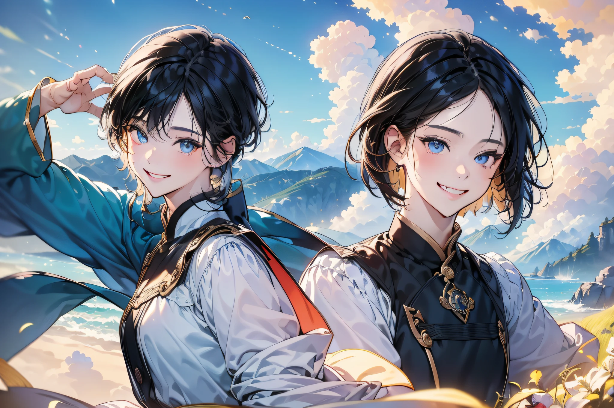 (in 8K、top-quality、masterpiece:1.2)、1人の女性、(Smiling smile:1.1)、beautidful eyes、Valley、The upper part of the body、length hair、Like a boy、poneyTail、Blue View、
