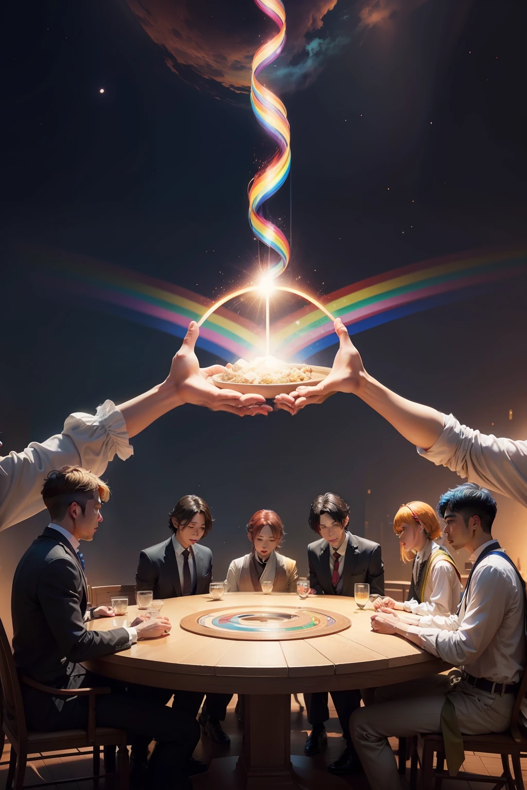 6With men in man1Man women arranged on a round table、I want you to show the rainbow bridge。