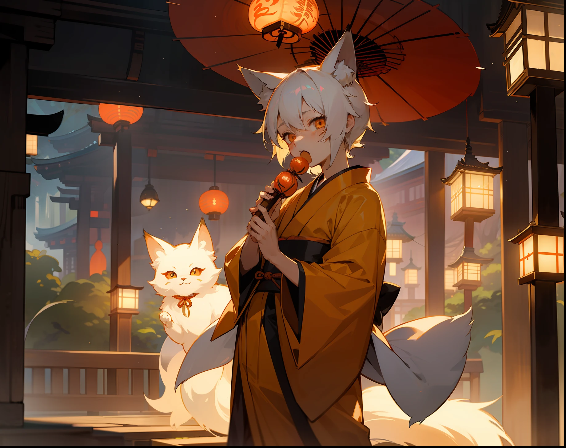 A boy with old-fashioned ghost cat ears and tail shorth hair Allback About Eyes Like Gems youkai Breakdown shrines Wearing kimono Luminous Lantern Cat Yokai ,male child, A st and Japanese-style world Boy with fox ears Eating a bun Animal Yokai