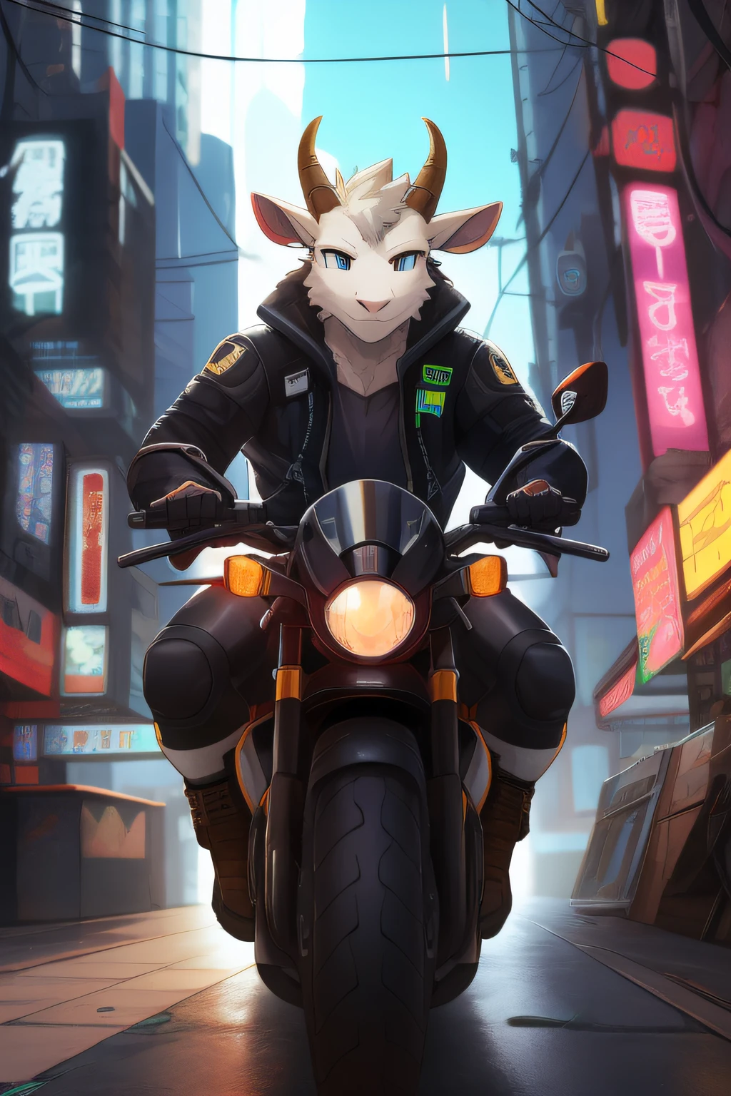 melhor qualidade, obra-prima, foto, 4K, fotorrealista, altamente detalhado, 1goat andando de moto, techwear, cidade cyberpunk, solo, futurista, enorme lua ao fundo, preto e branco, por Akira Toriyama, close-up, furry, furry bode