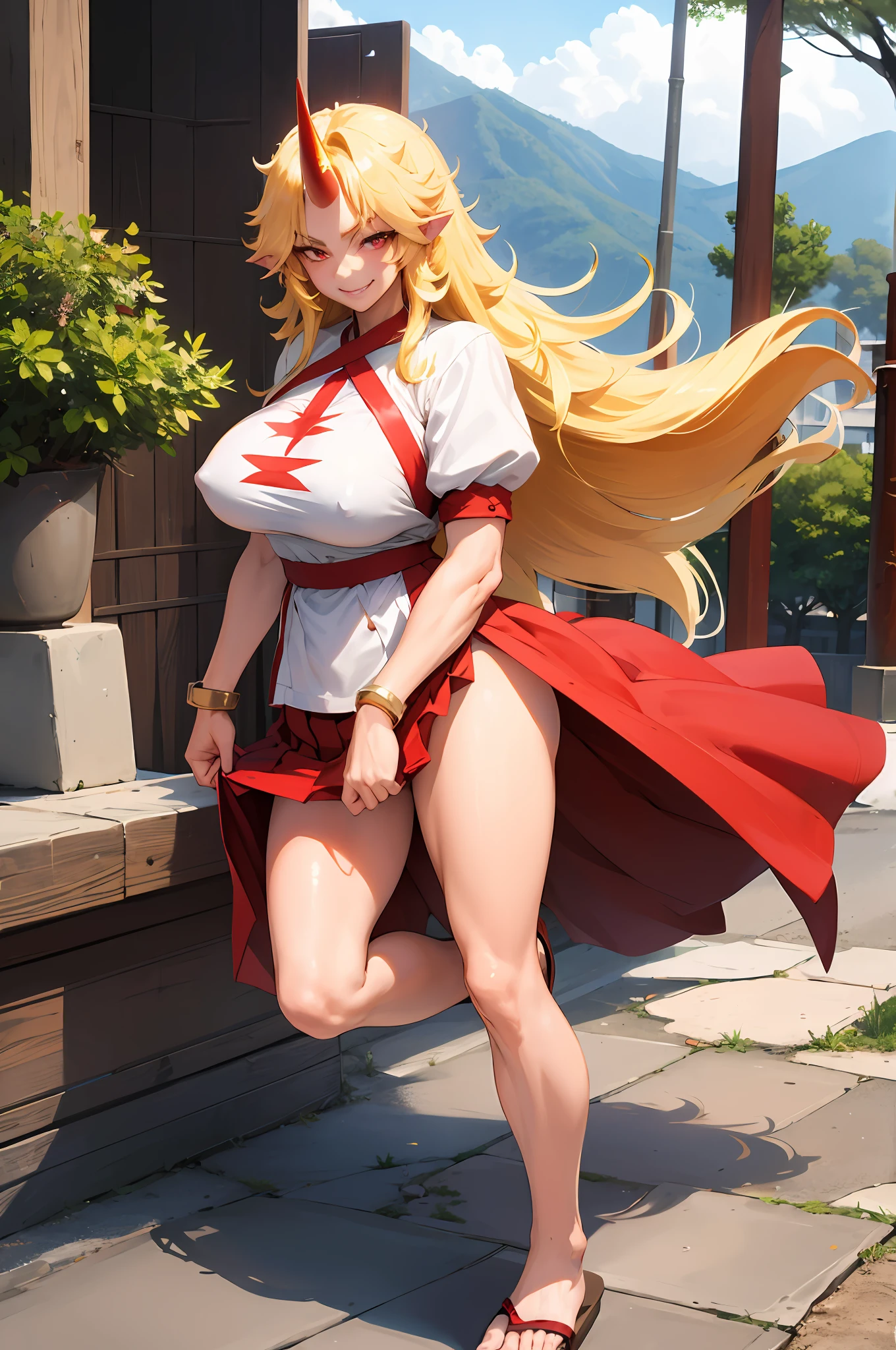 hoshiguma yuugi,1girl,single horn, pointy ears, blonde hair, long hair,yellow eyes,s ,white shirt,skirt,, muscle girl, huge breast,walking, single horn, long skirt, flip flops, sharpteeth, smile, tomboy,very long skirt, blue and red skirt, traditional germanic dress, red eyes, medieval city,full body