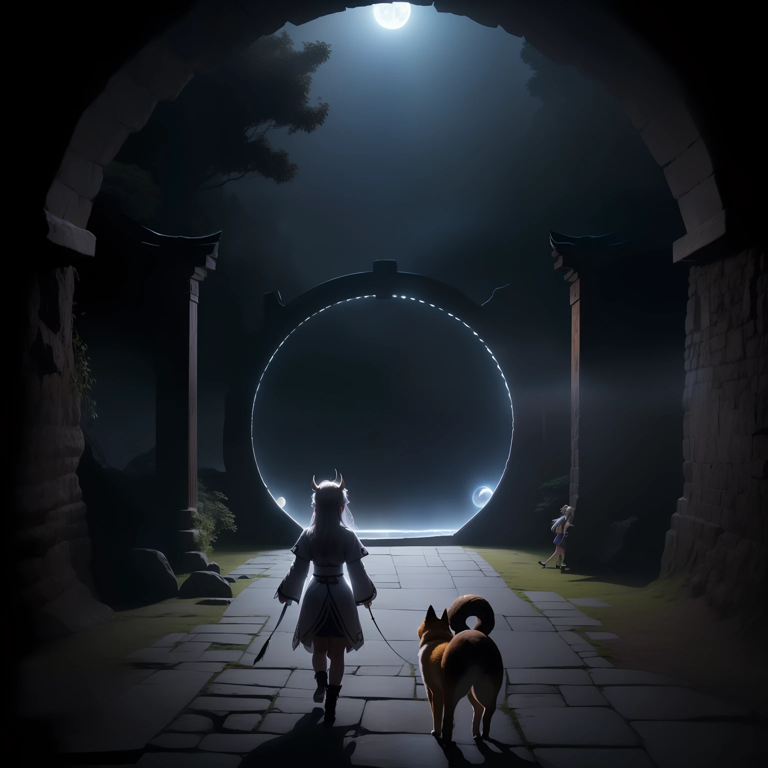 Full Moon Night、Outside the cave、((Luminous round gate))、((One cute girl from the dragon tribe with horned silver hair、Rear view of a fun walk with one Shiba Inu puppy))、((Close-up photos、Backshots))、Volumetric fog、Halation、、Dramatic atmosphere、central、thirds rule、Realistic depiction、