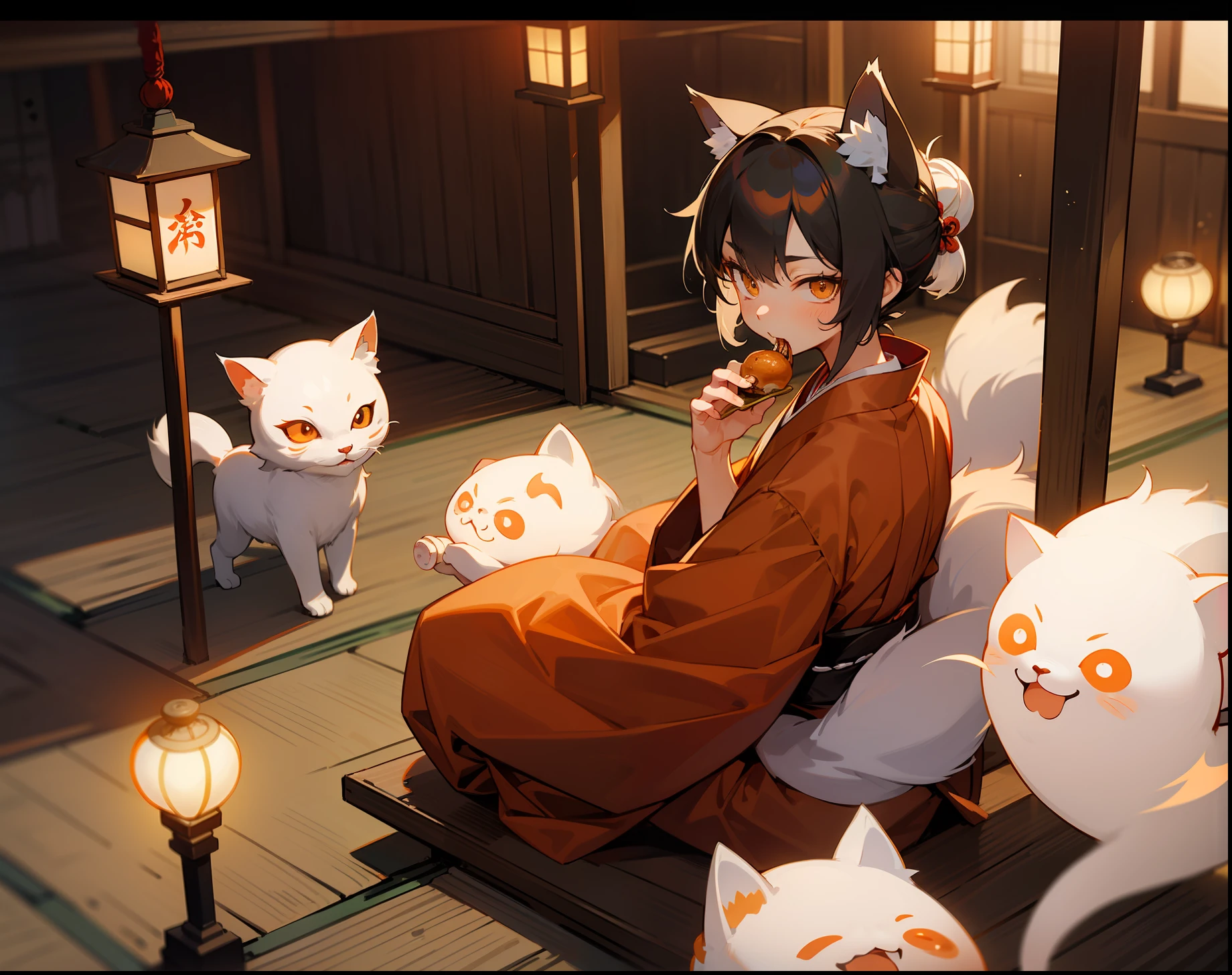 A boy with old-fashioned ghost cat ears and tail shorth hair Allback About 15 years old Eyes Like Gems youkai Breakdown shrines Wearing kimono Luminous Lantern Cat Yokai ,male child, A strange and Japanese-style world Boy with fox ears Eating a bun Animal Yokai