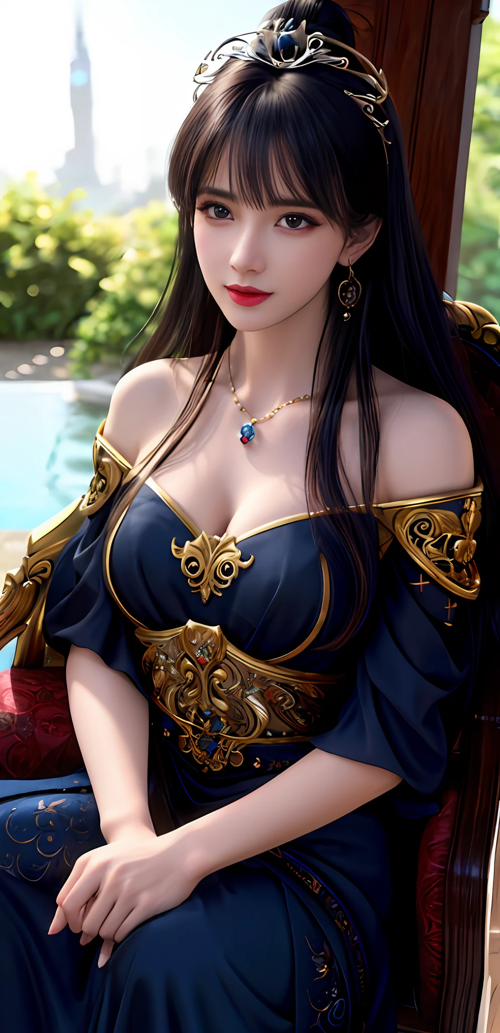 (realisticity: 1.2), best quality, 8K UHD, masterpiece, highres,cg,
1 super detailed girl, super detailed queen

, sitting on a super detailed royal throne, lud, xurious royal palace background, beautiful and detailed, super detailed long hair, wearing a beautiful and luxurious crown with diamonds and super detailed,

super detailed dress,
 solo, jewelry, super detailed red and blue dress, pretty face, beautiful, and super detailed, 

, earrings, super detailed hairdo, splashing, the upper body is very super detailed, super detailed hair bun, super detailed black hair,
lighting,candid,Photograph,high resolution,4k,8k,Bokeh,
