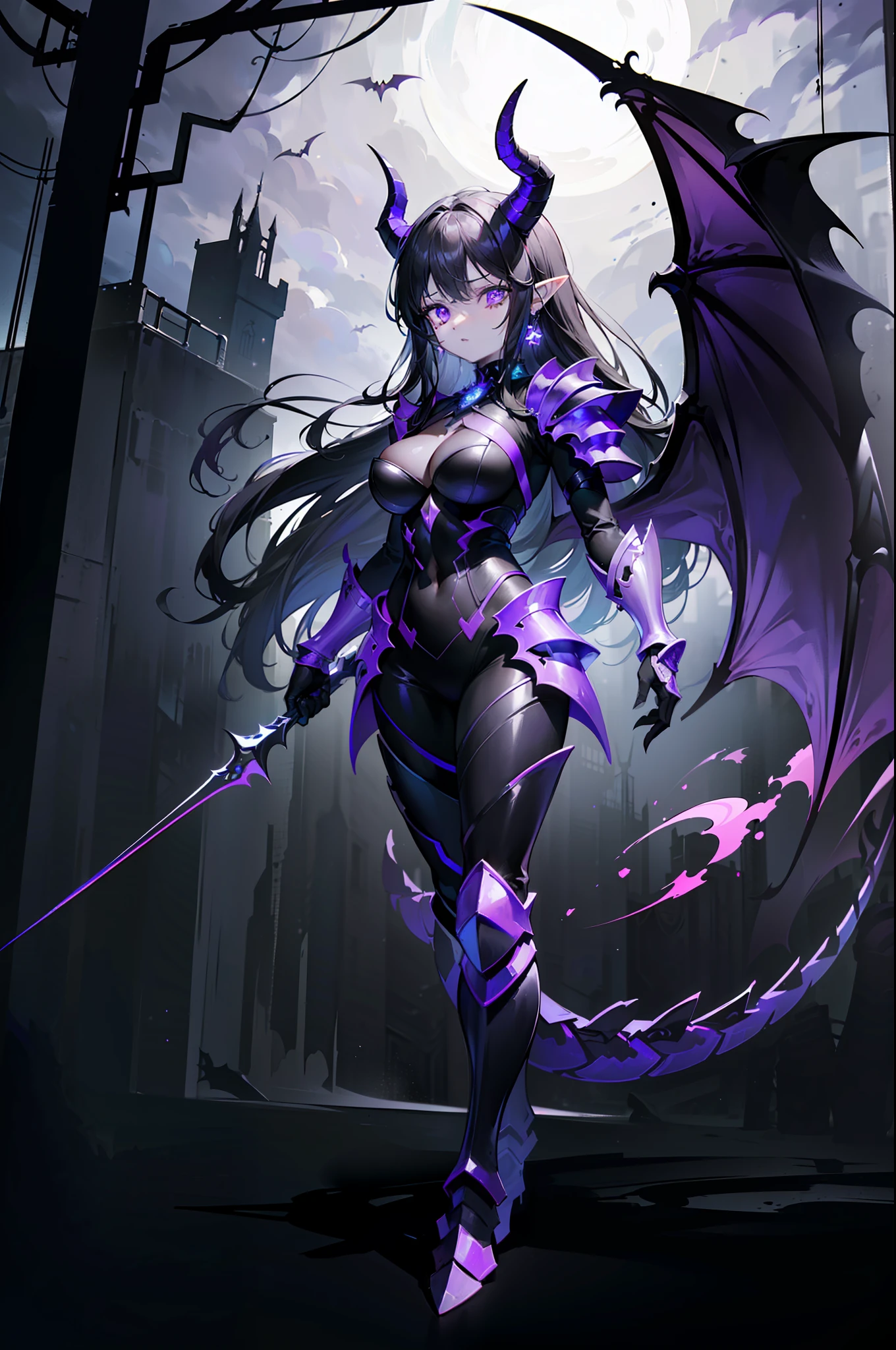 {{masterpiece, best quality, extremely detailed CG, unity 8k wallpaper,anatomically correct,ultra resolution}},Award-winning photography,(best illumination,Very Delicate and Beautiful),{one girl,solo,dragon girl},full body view,knight,(black long hair:1.5),purple eyes,(extremely beautiful and detailed face:1.2), (extremely beautiful and detailed eyes:1.2),perfect hands,delicate legs,((black dragon horns,dragon wings,one dragon tail:1.2)),(epic),pointy ears,purple earrings,purple jewelry,skinny,((full body Plate Armor:1.2,breastplate,greaves,armored boots,armored gloves)),looking at viewer,dark persona,evil,(cute:1.5),((night, dark atmosphere, dark theme, scary atmosphere, darkness:1.5)),dramatic shadows,(dimly lit:1.5),(purple Luminescent Particles:1.4),depth of field,(outdoor:1.5,haunted Gothic castle:1.2),{perfect human body structure with maximum precision}