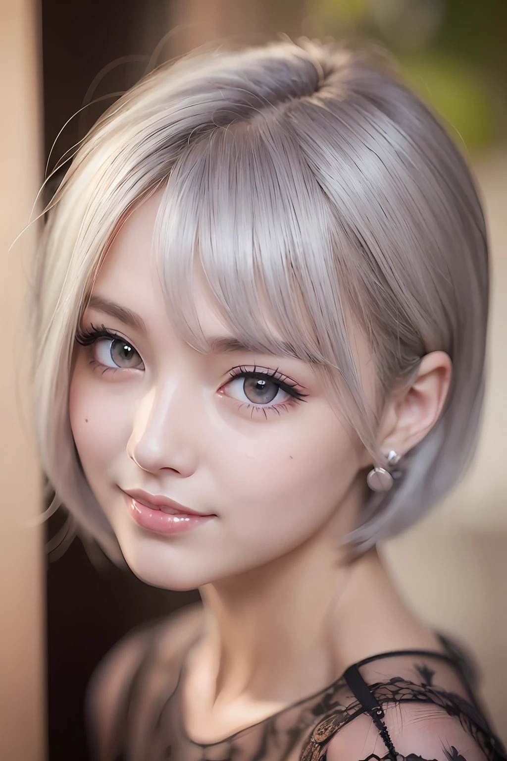 animesque、anime styled、Speciality、Moisturized eyes、Beautiful detailed eyes, (Short hair:1.2), (8K, Best Quality, masutepiece:1.2), (Realistic, Photorealsitic:1.37), Ultra-detailed, a closeup、portraitures、1 girl, Cute, Silver-gray hair、Solo, (nose blush),(Smile:1.15),