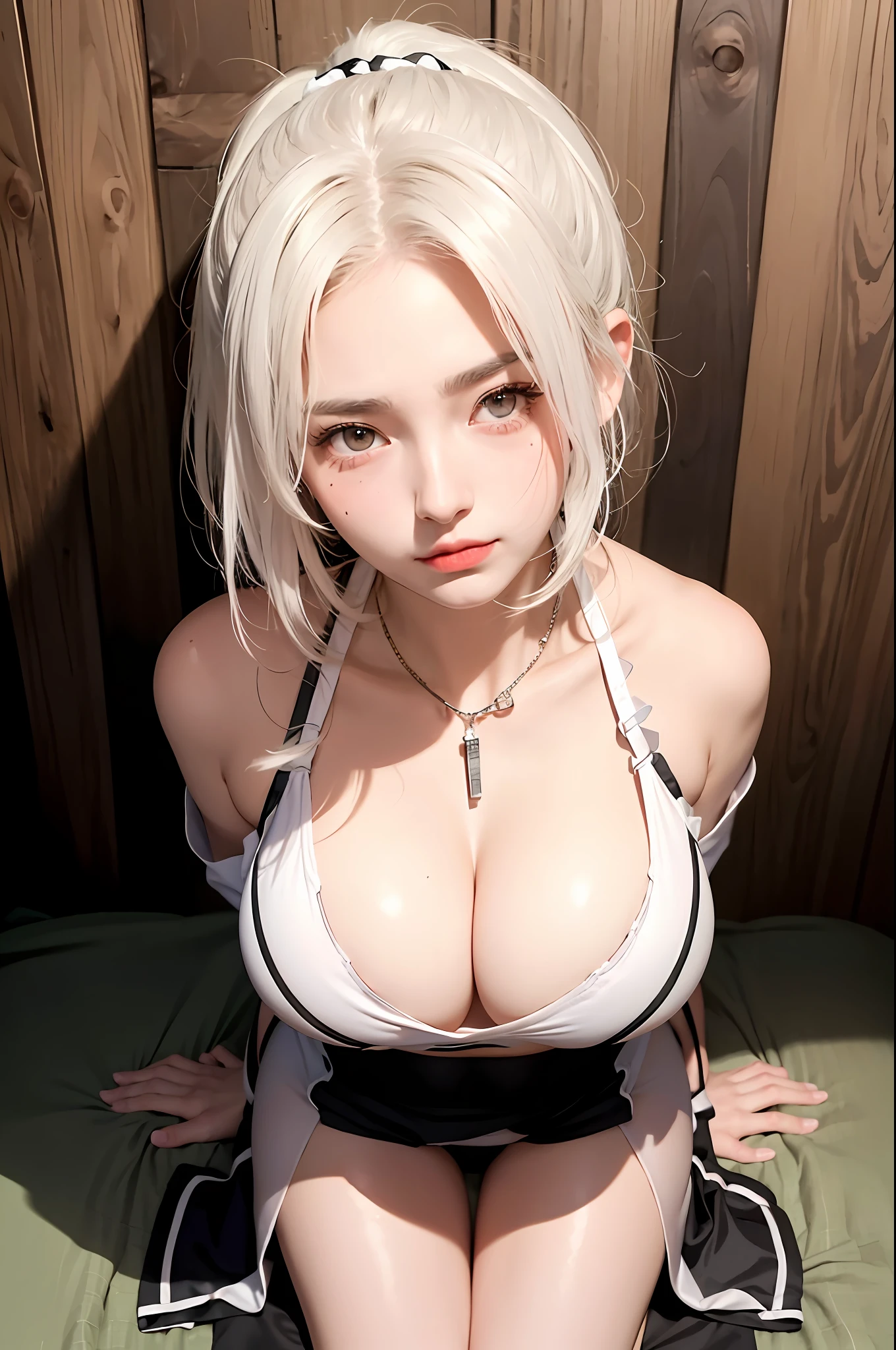 Realistic, 8k, 1girl, long white black ponytail hair, Chinese, heterochromic eyes, moles under the eyes, thick eyebrows, bikini, white panties, tuned abs, thighs, in bed