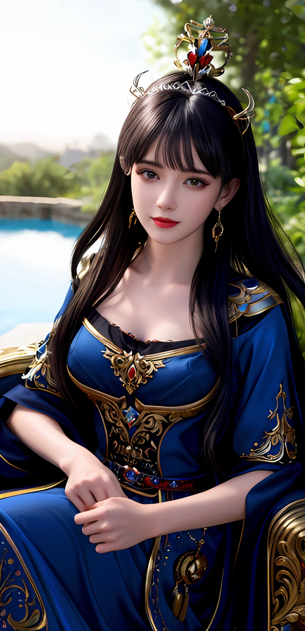 (realisticity: 1.2), best quality, 8K UHD, masterpiece, highres,cg,
1 super detailed girl, super detailed queen

, sitting on a super detailed royal throne, lud, xurious royal palace background, beautiful and detailed, super detailed long hair, wearing a beautiful and luxurious crown with diamonds and super detailed,

super detailed dress,
 solo, jewelry, super detailed red and blue dress, pretty face, beautiful, and super detailed, 

, earrings, super detailed hairdo, splashing, the upper body is very super detailed, super detailed hair bun, super detailed black hair,
lighting,candid,Photograph,high resolution,4k,8k,Bokeh,