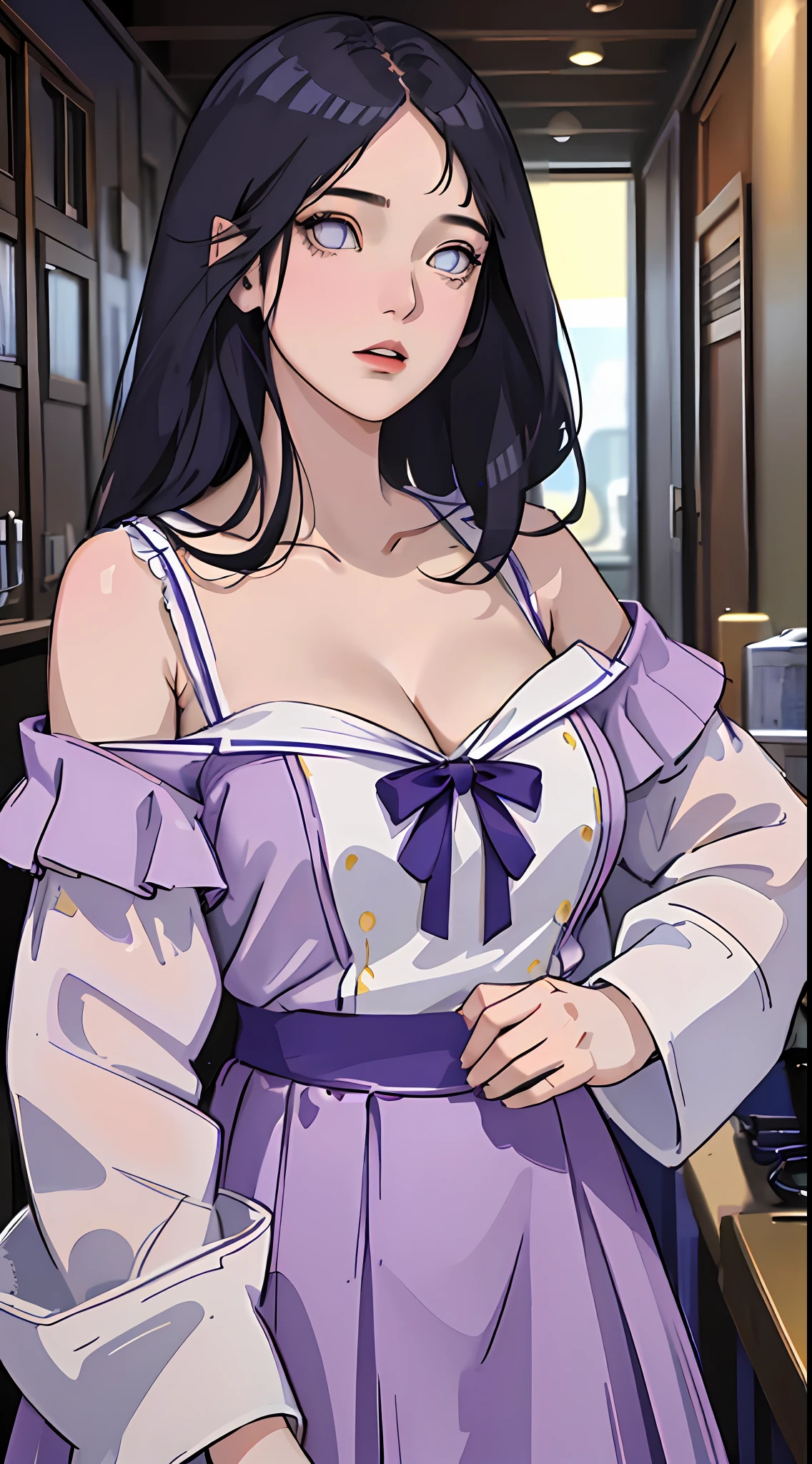 tmasterpiece, best qualityer, ultra - detailed, illustration,1girll,brunette
hair,dark-blue hair,White eyes,bluntbangs,cleavage,Large of breast,Dress off-the-shoulder
shirt,(Purple skirt:1.1)
looking at viewert,hyouka/(Boruto/),Detailed lips