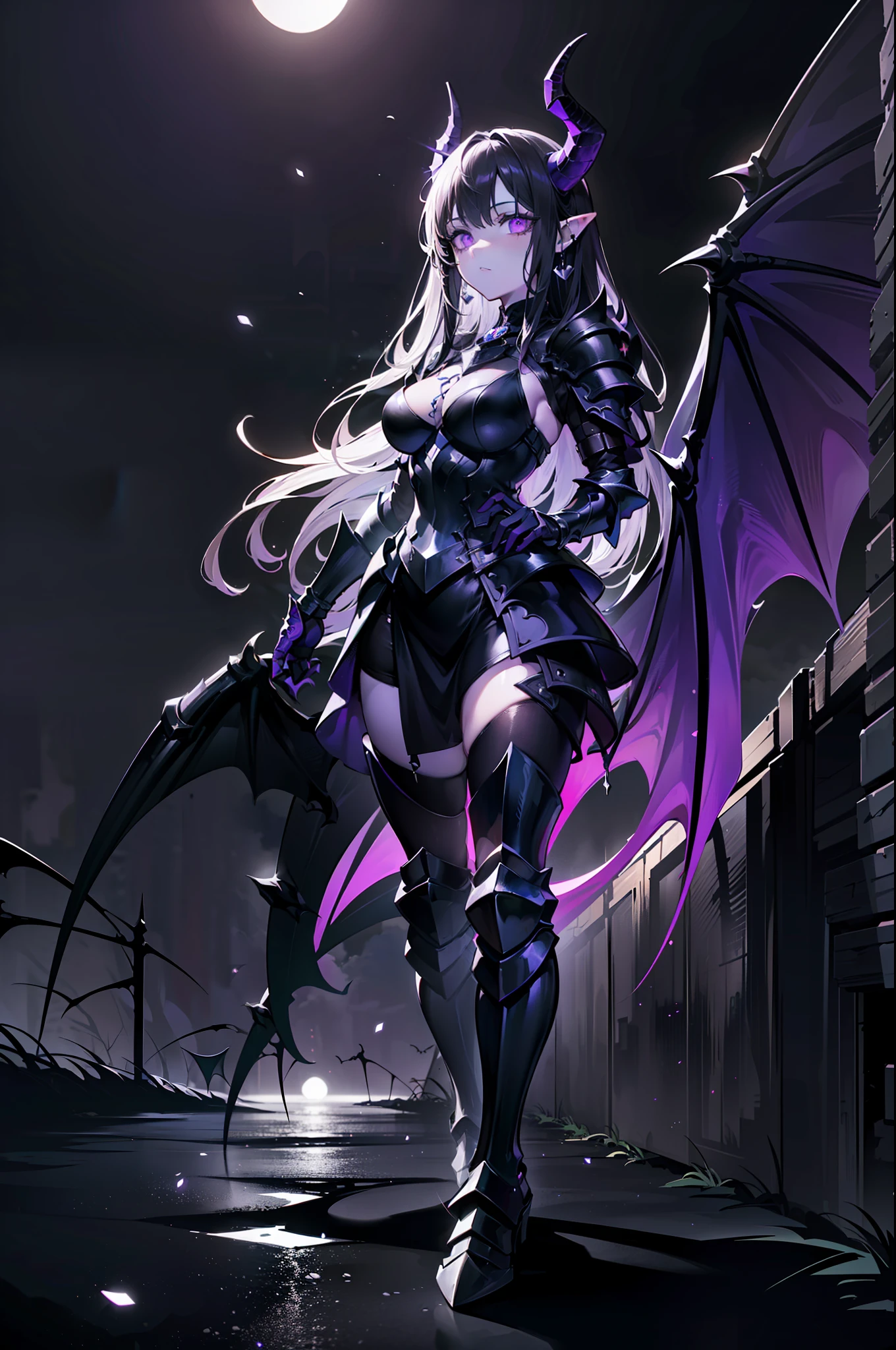 {{masterpiece, best quality, extremely detailed CG, unity 8k wallpaper,anatomically correct,ultra resolution}},Award-winning photography,(best illumination,Very Delicate and Beautiful),{one girl,solo,dragon girl},full body view,knight,(black long hair:1.5),purple eyes,(extremely beautiful and detailed face:1.2), (extremely beautiful and detailed eyes:1.2),perfect hands,delicate legs,((black dragon horns,dragon wings,one dragon tail:1.2)),(epic),pointy ears,purple earrings,purple jewelry,skinny,((full body Plate Armor:1.2,breastplate,greaves,armored boots,armored gloves)),looking at viewer,dark persona,evil,(cute:1.5),((night, dark atmosphere, dark theme, scary atmosphere, darkness:1.5)),dramatic shadows,(dimly lit:1.5),(purple Luminescent Particles:1.4),depth of field,(outdoor:1.5,haunted Gothic castle:1.2),{perfect human body structure with maximum precision}