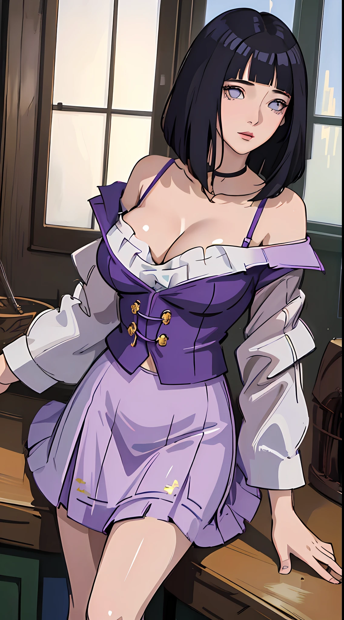 tmasterpiece, best qualityer, ultra - detailed, illustration,1girll,brunette
hair,dark-blue hair,White eyes,bluntbangs,cleavage,Large of breast,Dress off-the-shoulder
shirt,(Purple skirt:1.1)
looking at viewert,hyouka/(Boruto/),Detailed lips