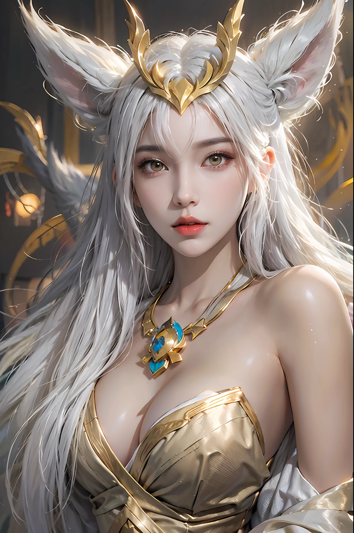 photorealistic, high resolution, 1women, solo, hips up, look at viewer, (detailed face), ahri /league of legends, Ahri_Cosplay
White Tails, long hair, yellow eyes, jewelry
