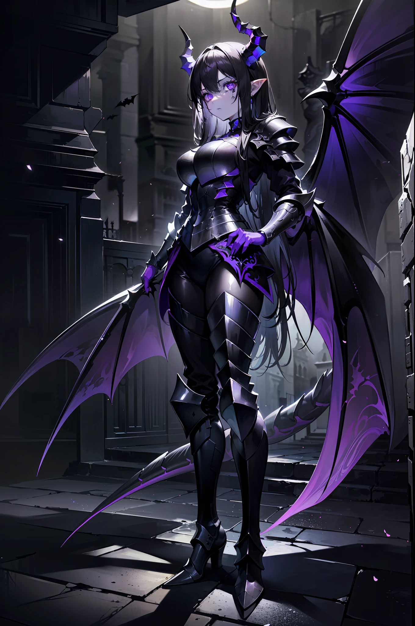 {{masterpiece, best quality, extremely detailed CG, unity 8k wallpaper,anatomically correct,ultra resolution}},Award-winning photography,(best illumination,Very Delicate and Beautiful),{one girl,solo,dragon girl},full body view,knight,(black long hair:1.5),purple eyes,(extremely beautiful and detailed face:1.2), (extremely beautiful and detailed eyes:1.2),perfect hands,delicate legs,((black dragon horns,dragon wings,one dragon tail:1.2)),(epic),pointy ears,purple earrings,purple jewelry,skinny,((full body Plate Armor:1.2,breastplate,greaves,armored boots,armored gloves)),looking at viewer,dark persona,evil,(cute:1.5),((night, dark atmosphere, dark theme, scary atmosphere, darkness:1.5)),dramatic shadows,(dimly lit:1.5),(purple Luminescent Particles:1.4),depth of field,(outdoor:1.5,haunted Gothic castle:1.2),{perfect human body structure with maximum precision}