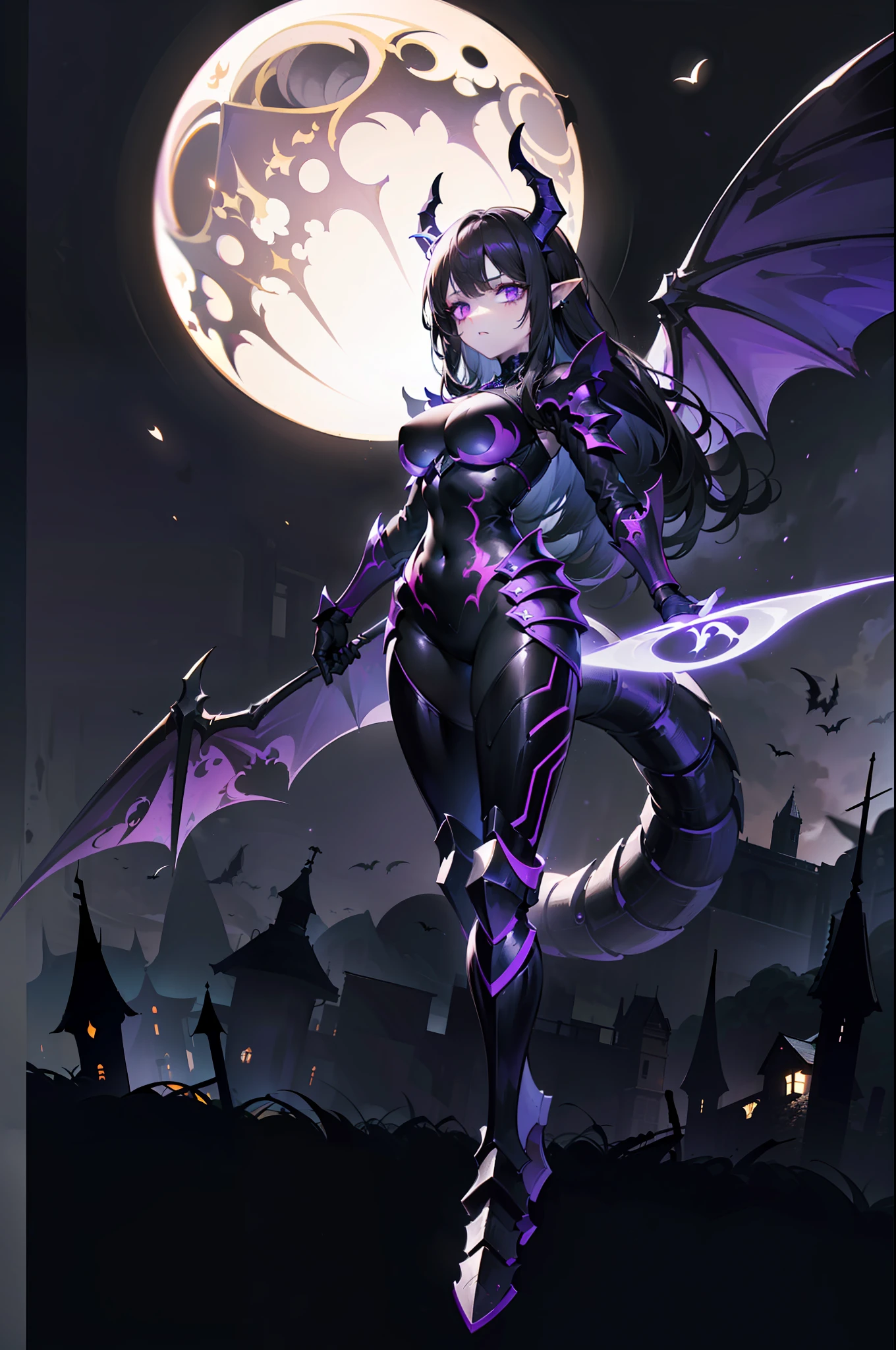 {{masterpiece, best quality, extremely detailed CG, unity 8k wallpaper,anatomically correct,ultra resolution}},Award-winning photography,(best illumination,Very Delicate and Beautiful),{one girl,solo,dragon girl},full body view,knight,(black long hair:1.5),purple eyes,(extremely beautiful and detailed face:1.2), (extremely beautiful and detailed eyes:1.2),perfect hands,delicate legs,((black dragon horns,dragon wings,one dragon tail:1.2)),(epic),pointy ears,purple earrings,purple jewelry,skinny,((full body Plate Armor:1.2,breastplate,greaves,armored boots,armored gloves)),looking at viewer,dark persona,evil,(cute:1.5),((night, dark atmosphere, dark theme, scary atmosphere, darkness:1.5)),dramatic shadows,(dimly lit:1.5),(purple Luminescent Particles:1.4),depth of field,(outdoor:1.5,haunted Gothic castle:1.2),{perfect human body structure with maximum precision}