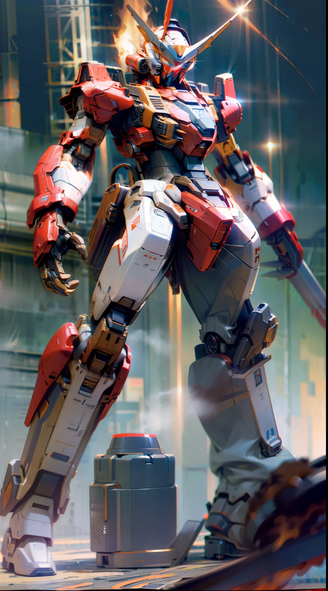 ultra-realistic realism, Ray traching, realisticlying, hyper HD, high detal, 32k, best qualtiy, textureskin, Gundam Mech, flight, funnel, Mecha ship, tmasterpiece, best qualtiy, mechs, Unmanned, (full bodyesbian), (red color mecha: 1.8), (轴对称: 1.4), (HDR), (cinematric light: 1.1), White eyes, cruel, scientific fiction, firey, kosmos, Oversized shield, Mecha man overlooking the background of the earth, Laser cannon beam, karo, conflict,Weapons in hand(With huge weapons:1.5),
