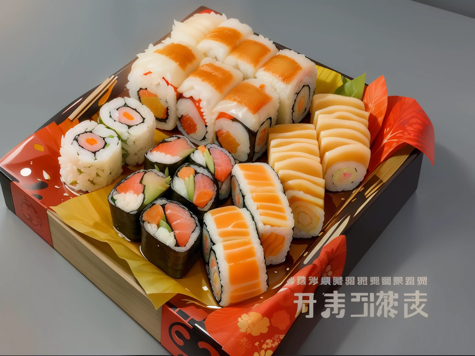There are a lot of sushi rolls in one box on the table, Wang Chen, 2506921471, sushi, delicacy, daoshu, Chiba Yuda, momoshiki ōtsutsuki, komono, 2806927615
