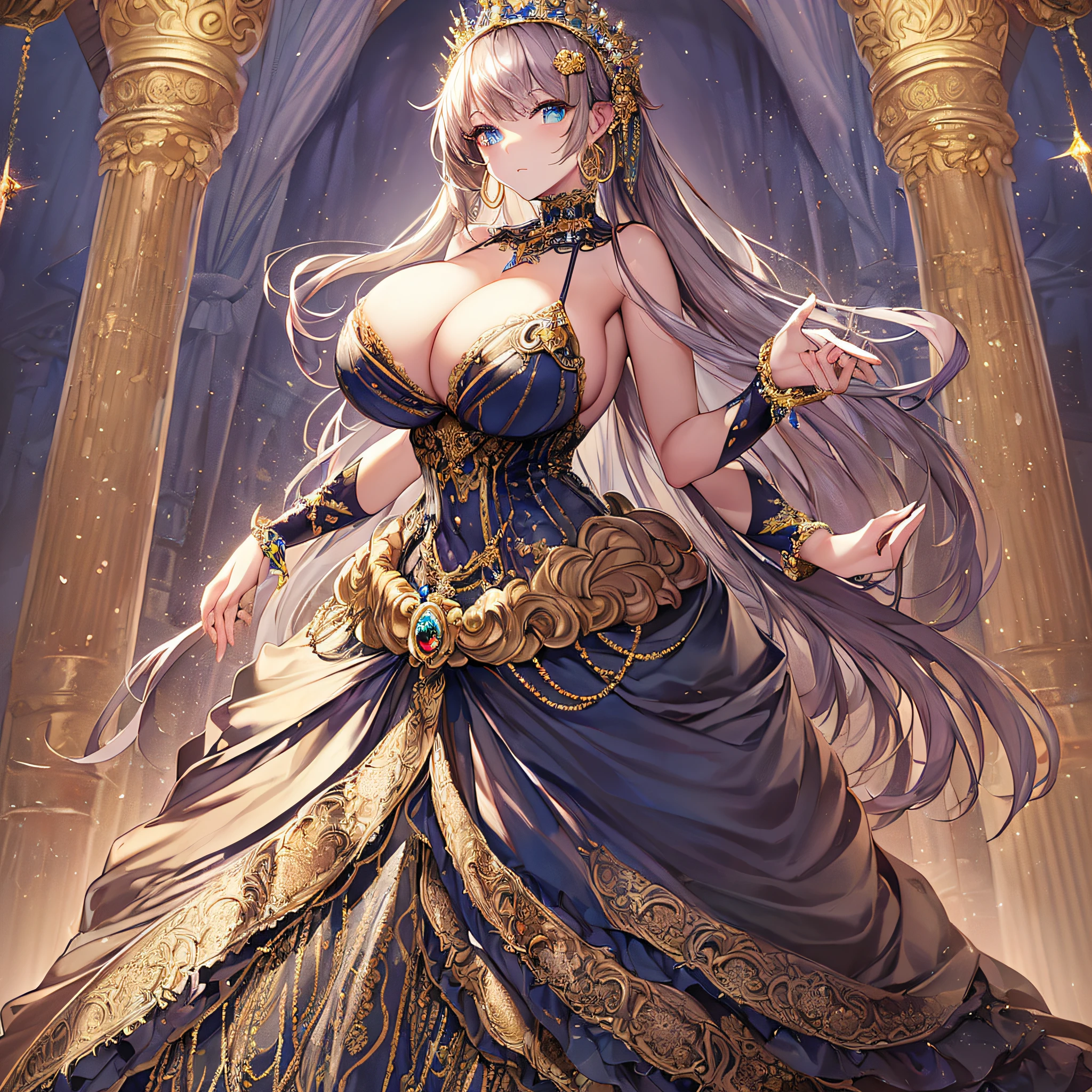 ((anime artstyle)),(Masterpiece),(Best Quality), (Super Detail),((Very Delicate and Beautiful)),(((Solo))),((full body)),(((1 bling-bling princess in beautiful embroidery and jeweled gorgeous rococo ball gown dress with voluminous full length hoop skirt))),((bling-bling)),Long train,(bling-bling gorgeous gemstone jewelry),detailed face and eyes,jewel-like eyes,((extremely voluminous Very Long Hair,Straight Hair)),((gigantic tits,Long tits)),cleavage,(gorgeousfull embroidery and lace),gorgeous corsage,See-through,extremely gorgeousfull hair ornament,bling-bling extremely gorgeousfull jeweled tiara,ornate ruffles,(hoop skirt,crinoline),((Dynamic Angle)),Looking at viewer,((full body)),((beautiful embroidery and jeweled extremely gorgeous rococo ball gown dress with voluminous full length hoop skirt))