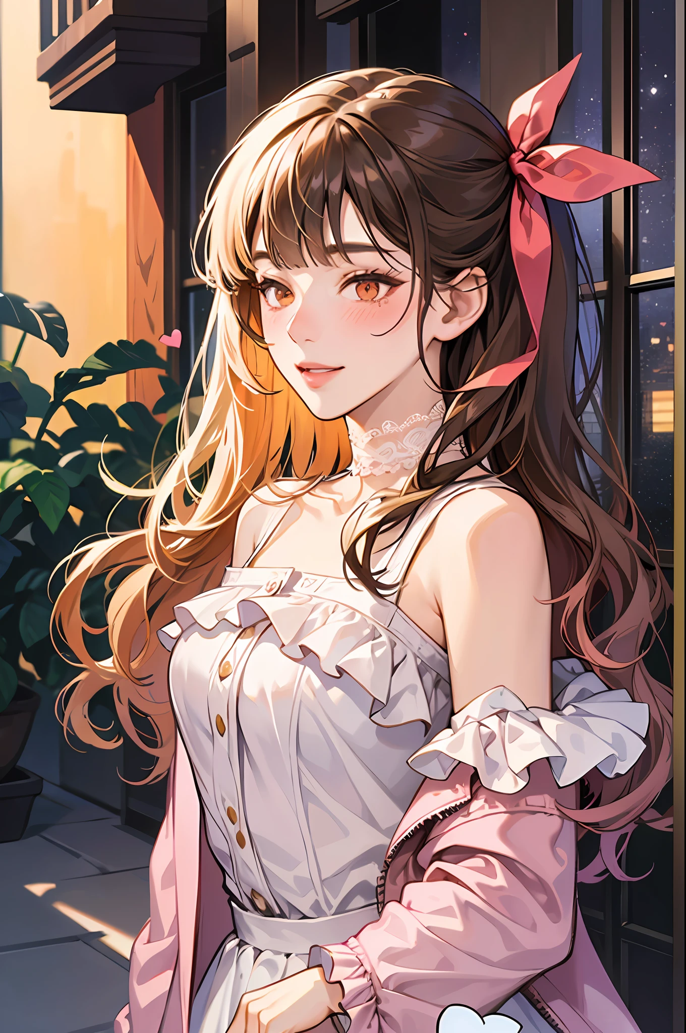 woman, skirt, long hair, medium shot, orange eyes, blunt bangs, white dress, pink jacket, bare shoulders, frilled choker with heart, hair ribbon, lace trim, happy, blush, heart shape, hair over one eyes, seductive