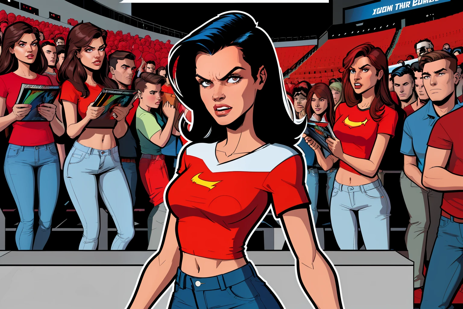 woman, inside collage stadium, viewer, crowd, angry expressions, wearing a red shirt, denim pants, comic book style, flat shaded, prominent comic book outline linework