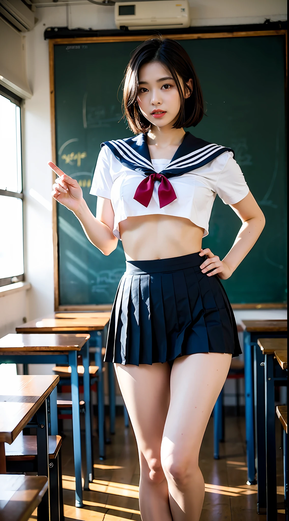 (8K、RAW Photos、top-quality、masterpiece:1.2)、(realisitic、Photorealsitic:1.37)、女の子1人、japanes、18year old、femele、Classroom、natta、profetional lighting、Photon mapping、torn、Colossal tits、The tips of the knitted, which are pure white and very small in size, stick out、areola protruding、The shape of the pubic area is clearly visible、gals、Lots of lashes、Lame on the eyelids、Pitch black lip、Pitch black heels、pubick hair、the lower abdomen bristles、A slender、crotch open、My are big and are about to spill out of my bra、Very much pubic hair、pubic hair is very protruding、((Tight sailor suit with wide open chest、Short pleated skirt、I can see my legs))、maroon short hair