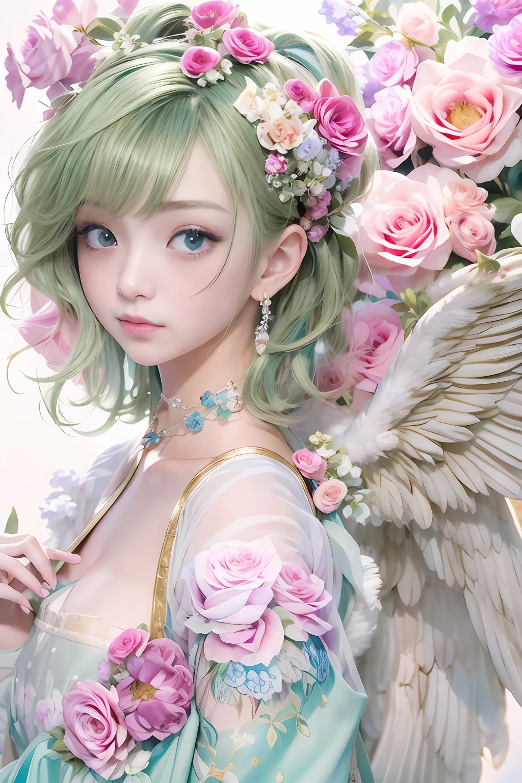 lightbrown hair、Intense crystal light blue eyes、耳Nipple Ring、kawaii、Pale pink color illustration、(Angel wings、😇、a smile、😌🥰Archaic Smile).hyper realstic、Ultra-realistic、Depiction of the human body without distortion、Monna Lisa、Woman in the Arms、Near and far law、Three-dimensional、Contemporary painting、moderno、world masterpiece、collection、Homage to the art or artist work of Picasso and Renoir, Not sentimental、Excellent portrayal、Gentle expression、More detailed character faces, Serious competition、Compositions like paintings、(Konmutsuki_Gacha_Series 1, punk_rosette), Realistic、Delicate brushwork、aqua color flowers, (Full body, elegant flowers background)