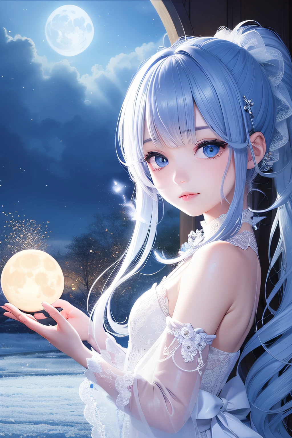 masterpiece、(top-quality:1.2)、(ultra-detailliert:1.2)、illustratio、(extremely delicate and beautiful:1.2)、scinematic angle、floating、(beatiful detailed eyes:1.1)、(Detailed light:1.1)、Cinematic lighting、Beautifully detailed sky、femele、Kin-haired、blue eyess、(High ponytail:1.1)、cloaks、radiant eyes、(a moon:1.2)、(rays of moonlight:1.1)、starrysky、(lighting particle:1.1)、foggy、Snow painting、Sketched、florals