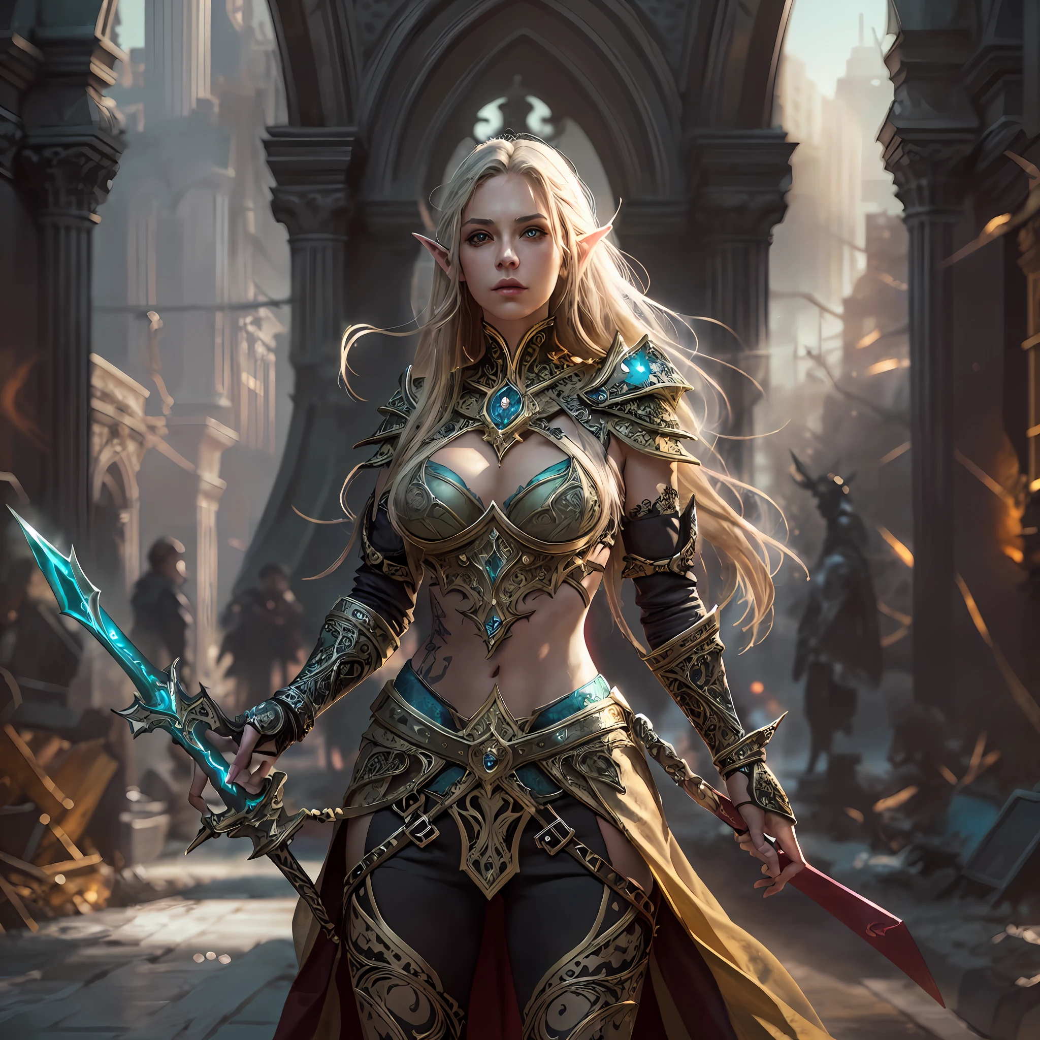 high details, best quality, 8k, [ultra detailed], masterpiece, best quality, (extremely detailed), dynamic angle, ultra wide shot, RAW, photorealistic, fantasy art, dnd art, rpg art, realistic art, a wide angle picture of an epic female elf, arcane warrior, warrior of magic, fighter of the arcana, full body, [[anatomically correct]] full body (1.5 intricate details, Masterpiece, best quality) casting a spell (1.5 intricate details, Masterpiece, best quality), casting an epic spell, [colorful magical sigils in the air],[ colorful arcane markings floating] (1.6 intricate details, Masterpiece, best quality) holding an [epic magical sword] (1.5 intricate details, Masterpiece, best quality) holding epic [magical sword glowing in red light] (1.5 intricate details, Masterpiece, best quality). in fantasy urban street (1.5 intricate details, Masterpiece, best quality), a female beautiful epic elf wearing elven leather armor (1.4 intricate details, Masterpiece, best quality), high heeled leather boots, ultra detailed face,  thick hair, long hair, dynamic hair, fair skin intense eyes, fantasy city background (intense details), sun light, backlight, depth of field (1.4 intricate details, Masterpiece, best quality), dynamic angle, (1.4 intricate details, Masterpiece, best quality) 3D rendering, high details, best quality, highres, ultra wide angle