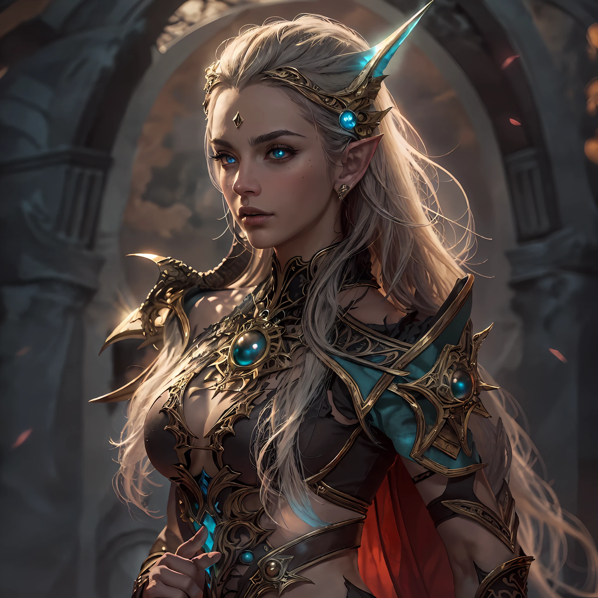 high details, best quality, 8k, [ultra detailed], masterpiece, best quality, (extremely detailed), dynamic angle, ultra wide shot, RAW, photorealistic, fantasy art, dnd art, rpg art, realistic art, a wide angle picture of an epic female elf, arcane warrior, warrior of magic, fighter of the arcana, full body, [[anatomically correct]] full body (1.5 intricate details, Masterpiece, best quality) casting a spell (1.5 intricate details, Masterpiece, best quality), casting an epic spell, [colorful magical sigils in the air],[ colorful arcane markings floating] (1.6 intricate details, Masterpiece, best quality) holding an [epic magical sword] (1.5 intricate details, Masterpiece, best quality) holding epic [magical sword glowing in red light] (1.5 intricate details, Masterpiece, best quality). in fantasy urban street (1.5 intricate details, Masterpiece, best quality), a female beautiful epic elf wearing elven leather armor (1.4 intricate details, Masterpiece, best quality), high heeled leather boots, ultra detailed face,  thick hair, long hair, dynamic hair, fair skin intense eyes, fantasy city background (intense details), sun light, backlight, depth of field (1.4 intricate details, Masterpiece, best quality), dynamic angle, (1.4 intricate details, Masterpiece, best quality) 3D rendering, high details, best quality, highres, ultra wide angle