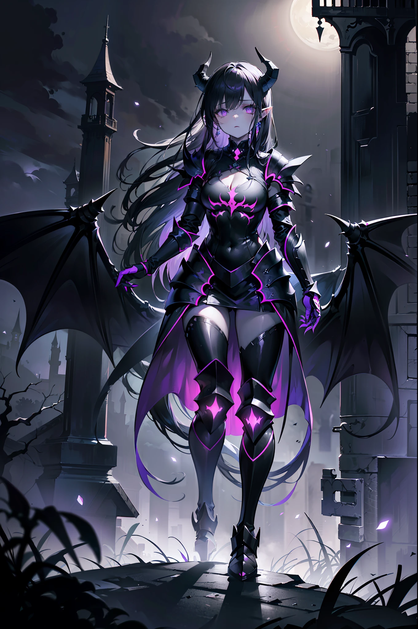 {{masterpiece, best quality, extremely detailed CG, unity 8k wallpaper,anatomically correct,ultra resolution}},Award-winning photography,(best illumination,Very Delicate and Beautiful),{one girl,solo,dragon girl},full body view,knight,(black long hair:1.5),purple eyes,(extremely beautiful and detailed face:1.2), (extremely beautiful and detailed eyes:1.2),perfect hands,delicate legs,((black dragon horns,dragon wings,one dragon tail:1.2)),(epic),pointy ears,purple earrings,purple jewelry,skinny,((full body Plate Armor:1.2,breastplate,greaves,armored boots,armored gloves)),looking at viewer,dark persona,evil,(cute:1.5),((night, dark atmosphere, dark theme, scary atmosphere, darkness:1.5)),dramatic shadows,(dimly lit:1.5),(purple Luminescent Particles:1.4),depth of field,(outdoor:1.5,haunted Gothic castle:1.2),{perfect human body structure with maximum precision}