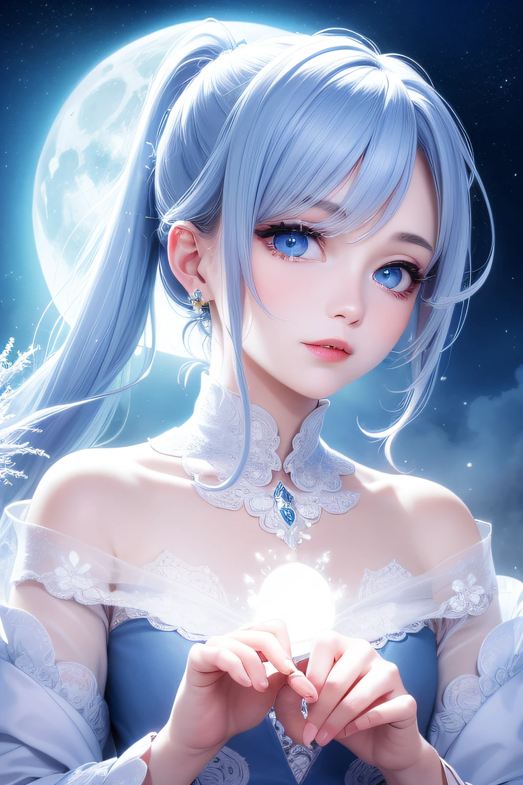 masterpiece、(top-quality:1.2)、(ultra-detailliert:1.2)、illustratio、(extremely delicate and beautiful:1.2)、scinematic angle、floating、(beatiful detailed eyes:1.1)、(Detailed light:1.1)、Cinematic lighting、Beautifully detailed sky、femele、Kin-haired、blue eyess、(High ponytail:1.1)、cloaks、radiant eyes、(a moon:1.2)、(rays of moonlight:1.1)、starrysky、(lighting particle:1.1)、foggy、Snow painting、Sketched、florals