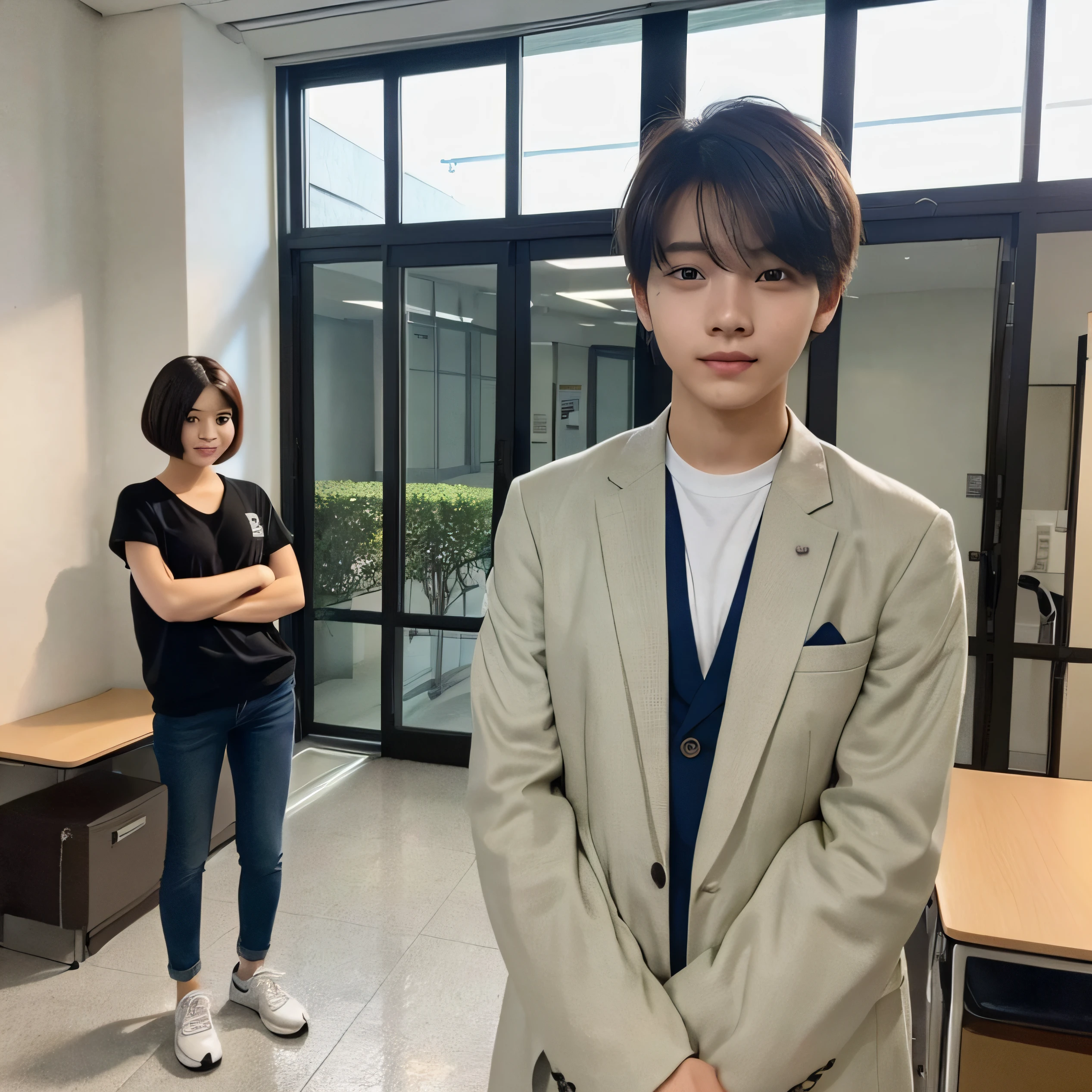 a lady ,20 years old , student,Singaporean, facial expression filled with surprise,eyes shine brightly, unbeliever face , full body, boy cut hair, front view indoor