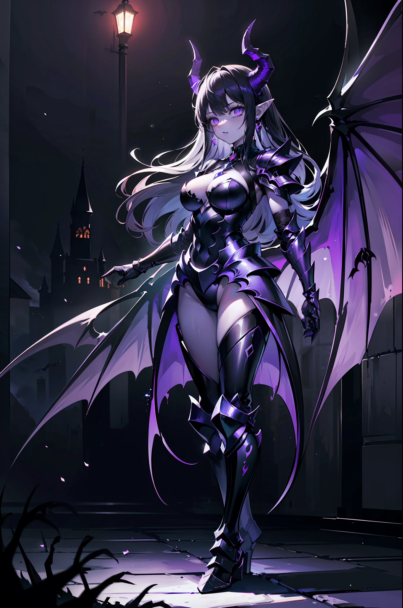 {{masterpiece, best quality, extremely detailed CG, unity 8k wallpaper,anatomically correct,ultra resolution}},Award-winning photography,(best illumination,Very Delicate and Beautiful),{one girl,solo,dragon girl},full body view,knight,(black long hair:1.5),purple eyes,(extremely beautiful and detailed face:1.2), (extremely beautiful and detailed eyes:1.2),perfect hands,delicate legs,((black dragon horns,dragon wings,one dragon tail:1.2)),(epic),pointy ears,purple earrings,purple jewelry,skinny,((full body Plate Armor:1.2,breastplate,greaves,armored boots,armored gloves)),looking at viewer,dark persona,evil,(cute:1.5),((night, dark atmosphere, dark theme, scary atmosphere, darkness:1.5)),dramatic shadows,(dimly lit:1.5),(purple Luminescent Particles:1.4),depth of field,(outdoor:1.5,haunted Gothic castle:1.2),{perfect human body structure with maximum precision}