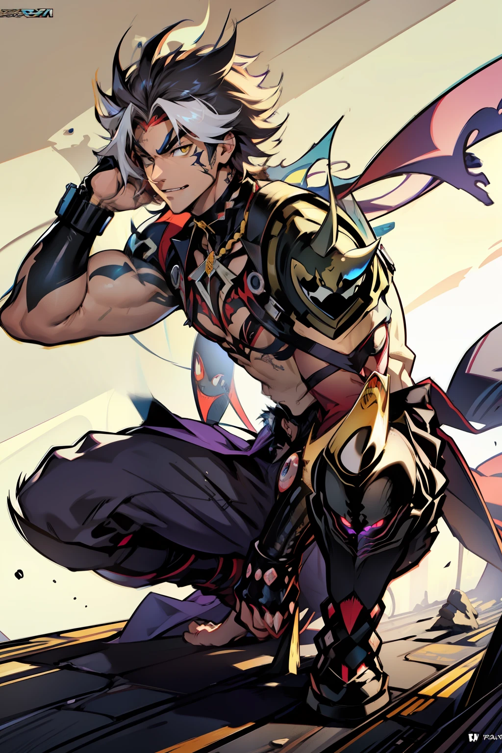 《the original god》Arataki Kazuto , male people，，((Masterpiece)), ((Best quality)), Ultra detailed,((illustration)), Dynamic Angle, Detailed light, (Delicate eyes), Floating, 1boy, Male focus, Head, Clothing, Yellow eyes, necklace, tattoo, (Forehead:0.8), (ahoge:0.8), jewelry, apathy，Ray， chest muscle， Sexy , Venom symbiote for your body, Black mucus of the body , （into venom）, Venom，frontage，style of anime4 K， 4K anime wallpaper， Badass anime 8 K， 4 k comic wallpaper， young anime man， Anime boys， Anime wallpapers 4 k， Anime wallpaper 4K， High quality anime art style， Anime moe art style， Anime art wallpaper 8 K， Anime art wallpaper 4 K， RGB lighting