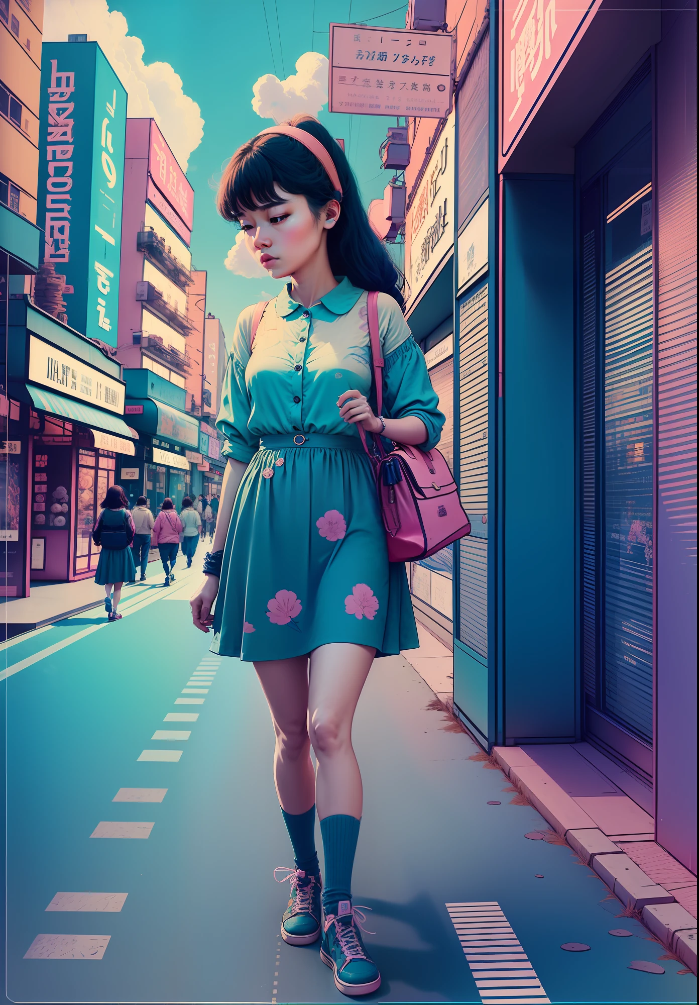 Retro Vapor Lofi Pastel Girls walking the streets of the city, creating a masterpiece of nostalgic beauty. The artwork showcases the best quality and intricate details, with a focus on one girl who exudes kawaii charm. The composition is in 4:5 aspect ratio, capturing the essence of the retro vapor lofi aesthetic