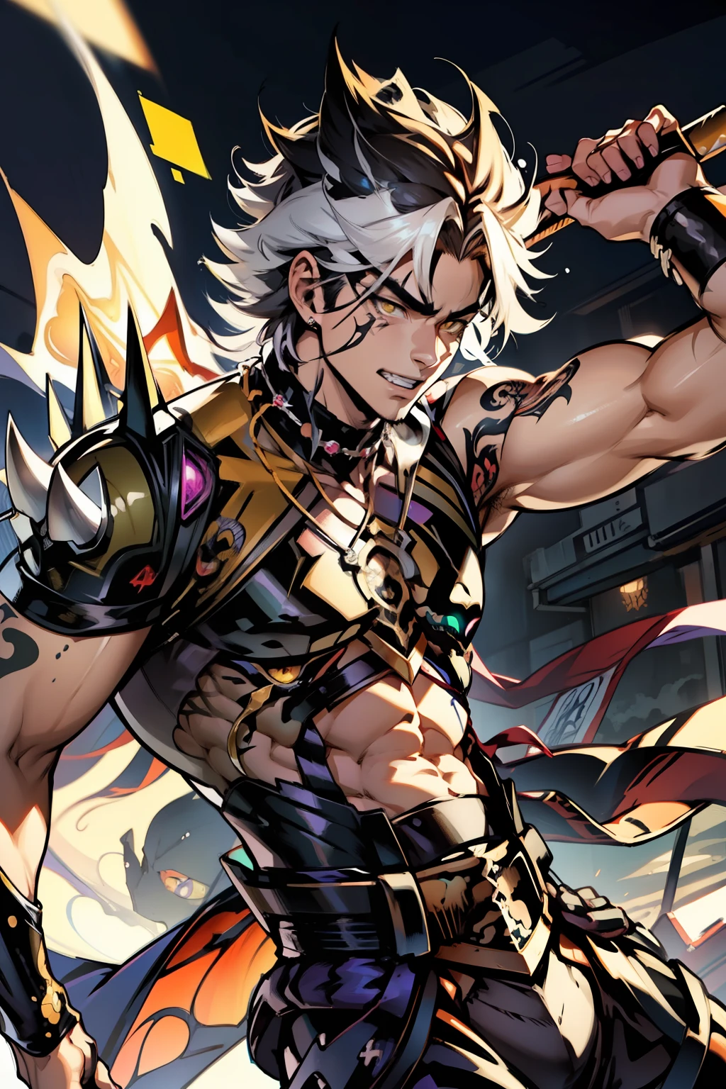 《the original god》Arataki Kazuto , male people,,((Masterpiece)), ((Best quality)), Ultra detailed,((illustration)), Dynamic Angle, Detailed light, (Delicate eyes), Floating, 1boy, Male focus, Head, Clothing, Yellow eyes, necklace, tattoo, (Forehead:0.8), (ahoge:0.8), jewelry, apathy,Ray, chest muscle, Sexy , Venom symbiote for your body, Black mucus of the body , (into venom), Venom,frontage,style of anime4 K, 4K anime wallpaper, Badass anime 8 K, 4 k comic wallpaper, young anime man, Anime boys, Anime wallpapers 4 k, Anime wallpaper 4K, High quality anime art style, Anime moe art style, Anime art wallpaper 8 K, Anime art wallpaper 4 K, RGB lighting