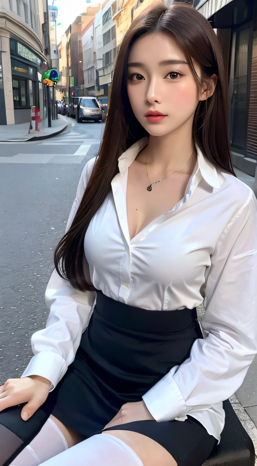 ((best qualtiy,A masterpiece in 8K:1.3),foco nítido:1.2,Pretty Women in Perfect Shape:1.4,Slender abs:1.2,dark brown hair:1.2,White button up long shirt:1.1),the city street:1.2,Highly Detailed Face and Skin Textur,Detailed eyes,二重まぶた,Wearing black stockings,There are two words on the chest:wind flow。