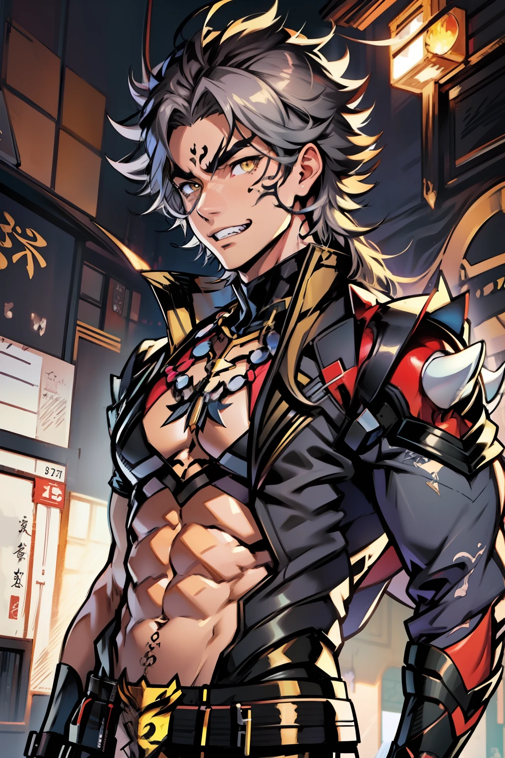 《the original god》Arataki Kazuto , male people,,((Masterpiece)), ((Best quality)), Ultra detailed,((illustration)), Dynamic Angle, Detailed light, (Delicate eyes), Floating, 1boy, Male focus, Head, Clothing, Yellow eyes, necklace, tattoo, (Forehead:0.8), (ahoge:0.8), jewelry, apathy,Ray, chest muscle, Sexy , Venom symbiote for your body, Black mucus of the body , (into venom), Venom,frontage,style of anime4 K, 4K anime wallpaper, Badass anime 8 K, 4 k comic wallpaper, young anime man, Anime boys, Anime wallpapers 4 k, Anime wallpaper 4K, High quality anime art style, Anime moe art style, Anime art wallpaper 8 K, Anime art wallpaper 4 K, RGB lighting