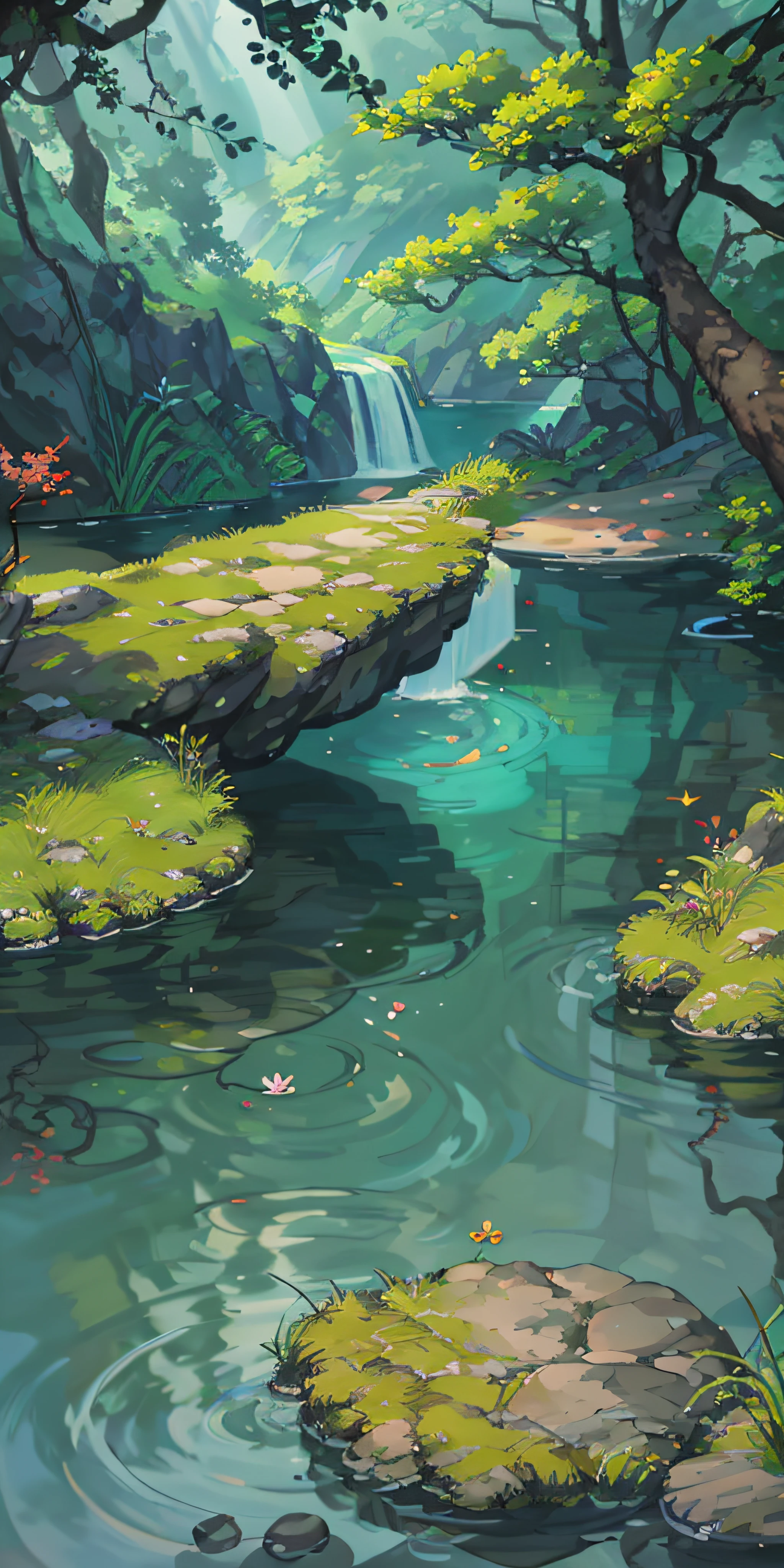 Chinese ancient times, spring, jungle, lake, cave, waterfall, tree, meadow, rock, deer, hot spring, water vapor, (illustration: 1.0), epic composition, realistic lighting, HD details, masterpiece, best quality, (very detailed CG unified 8k wallpaper)