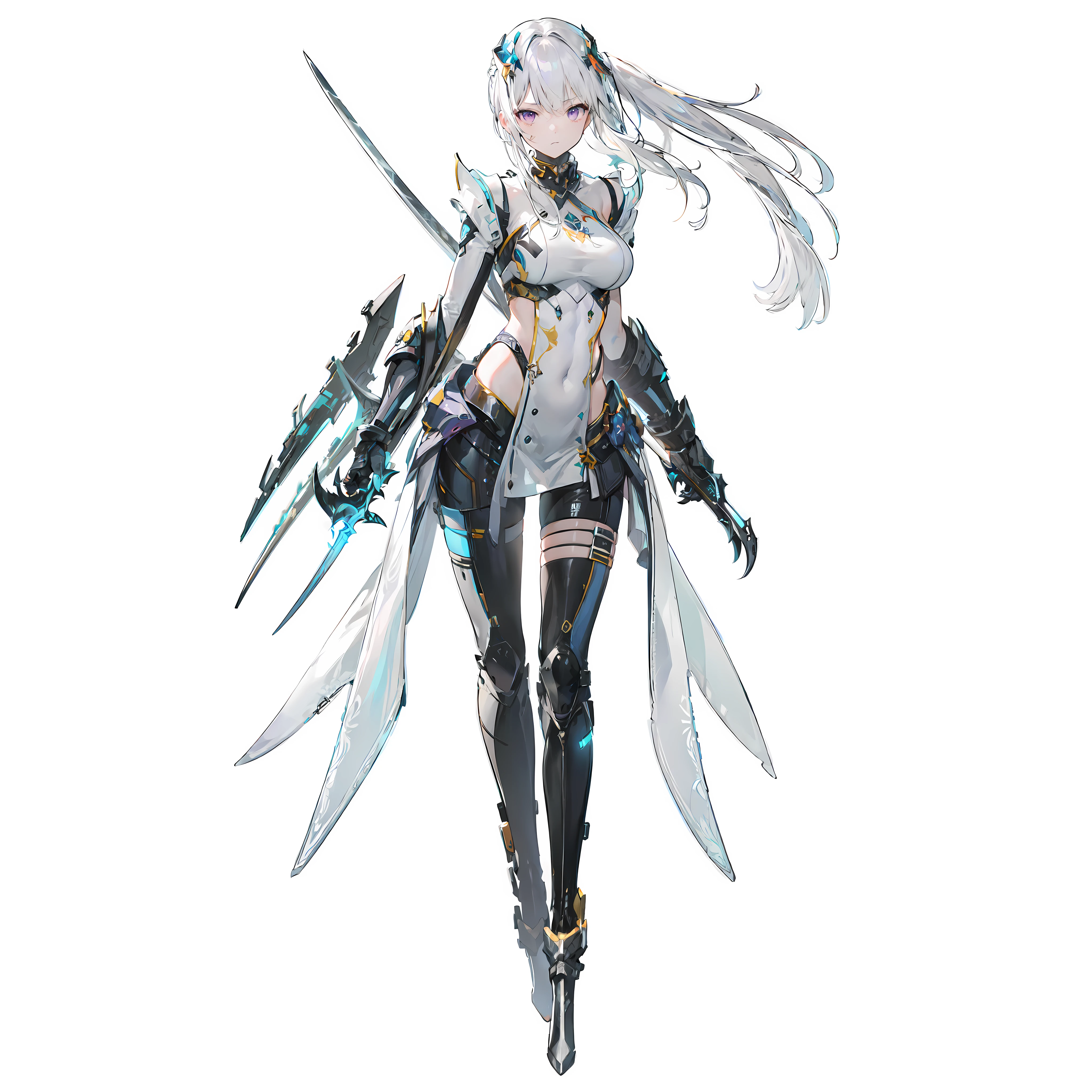 Masterpiece,Best quality,offcial art,Extremely detailed Cg Unity 8K wallpaper, gaming console_CG, Girl, Long hair, White hair, Purple eyes, Large breasts, Fighting posture, Take a sword, Steel claws