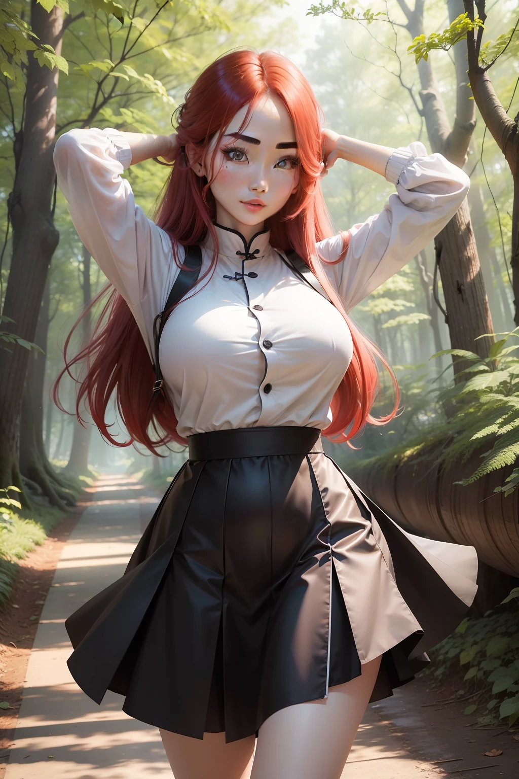 One has a beautiful face、She has healthy skin、Bright hair color,Chinese woman with a busty body,Take an early morning walk in the woods,Long flowing hair,The skirt swings in the wind