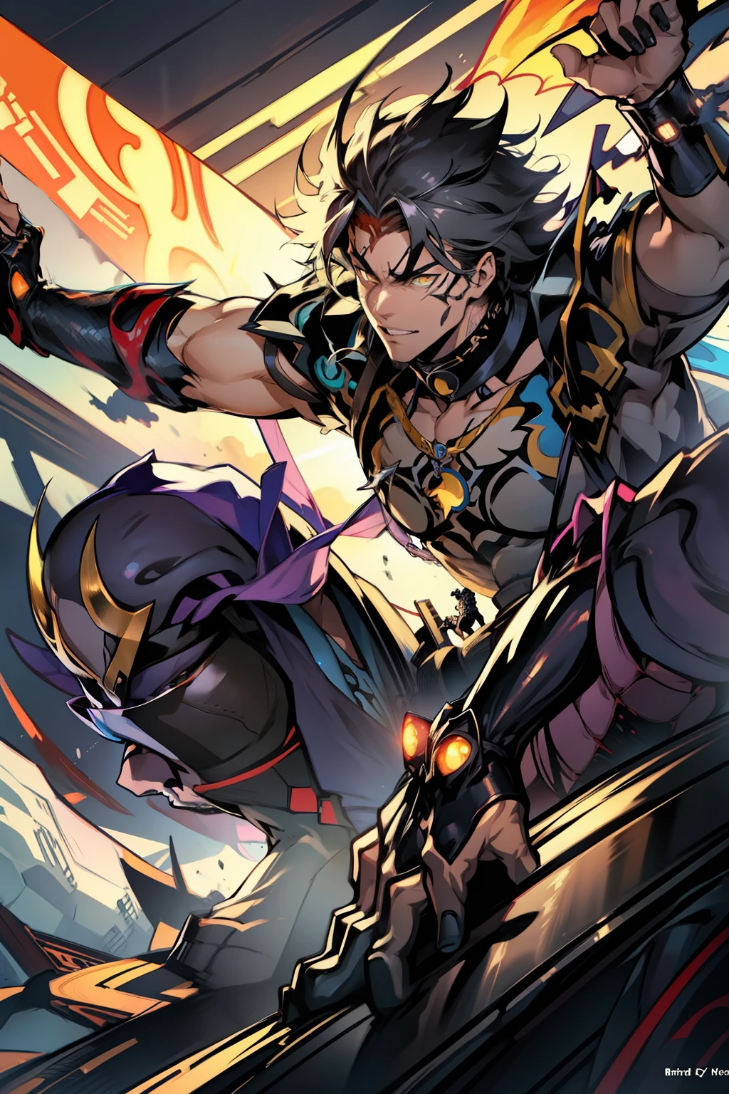 《the original god》Arataki Kazuto , male people,,((Masterpiece)), ((Best quality)), Ultra detailed,((illustration)), Dynamic Angle, Detailed light, (Delicate eyes), Floating, 1boy, Male focus, Head, Clothing, Yellow eyes, necklace, tattoo, (Forehead:0.8), (ahoge:0.8), jewelry, apathy,Ray, chest muscle, Sexy , Venom symbiote for your body, Black mucus of the body , (into venom), Venom,frontage,style of anime4 K, 4K anime wallpaper, Badass anime 8 K, 4 k comic wallpaper, young anime man, Anime boys, Anime wallpapers 4 k, Anime wallpaper 4K, High quality anime art style, Anime moe art style, Anime art wallpaper 8 K, Anime art wallpaper 4 K, RGB lighting